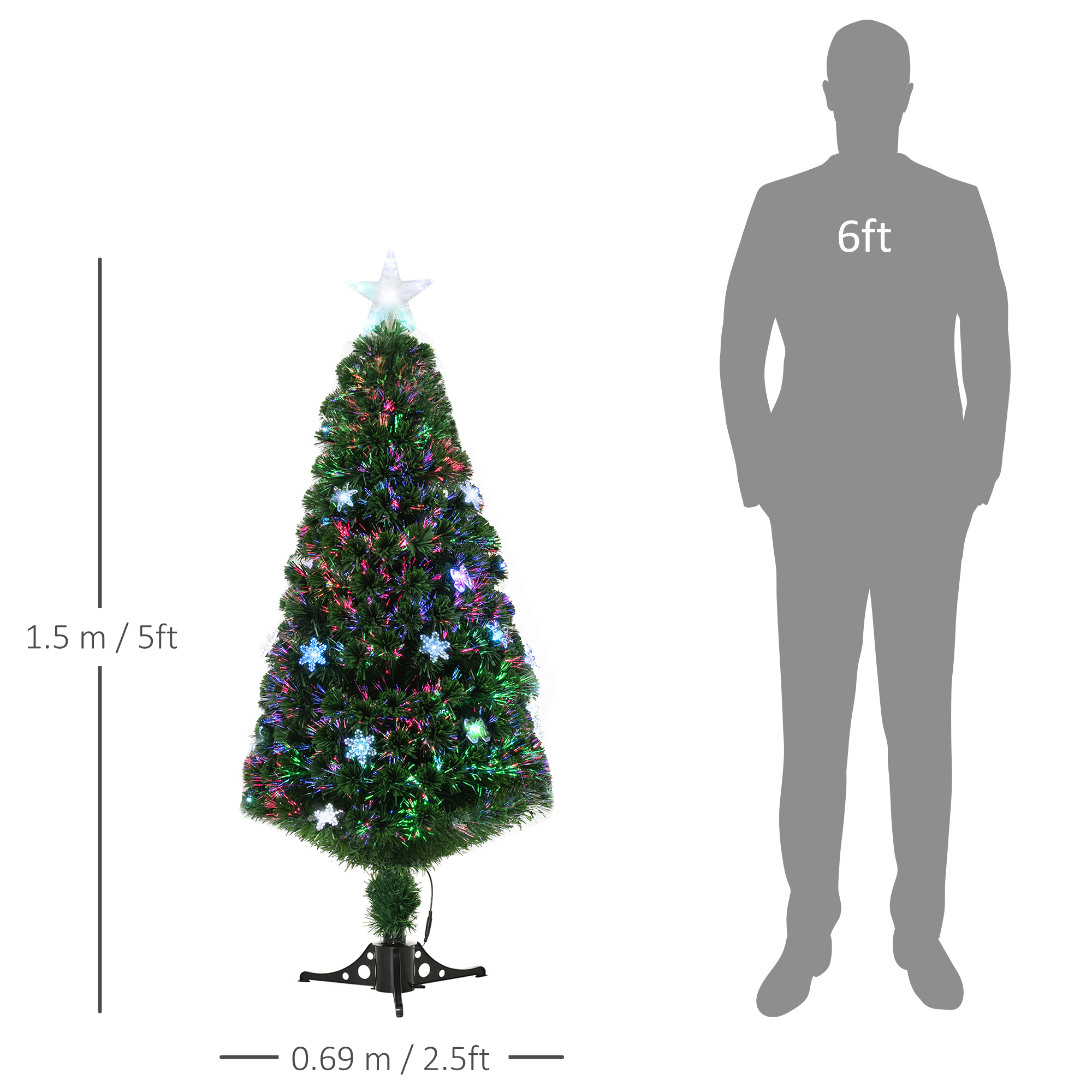 HOMCOM 5ft Prelit Artificial Christmas Tree Fiber Optic LED Light Holiday Home Xmas Decoration Tree with Foldable Feet, Green