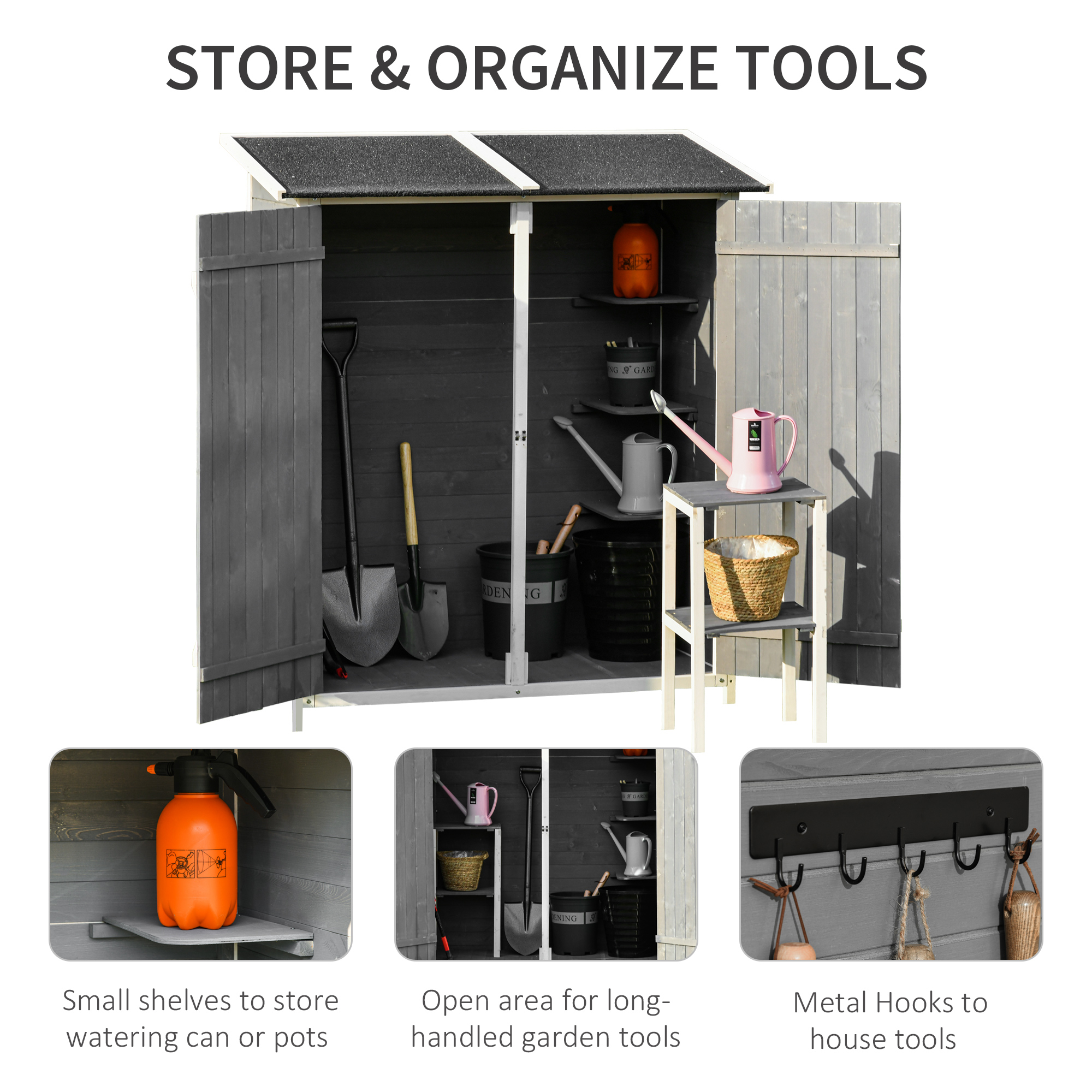 Outsunny Garden Wood Storage Shed w/ Storage Table, Hooks and Ground Nails Multifunction Lockable Sheds Tool Organizer, 139 x 75 x 160cm, Grey