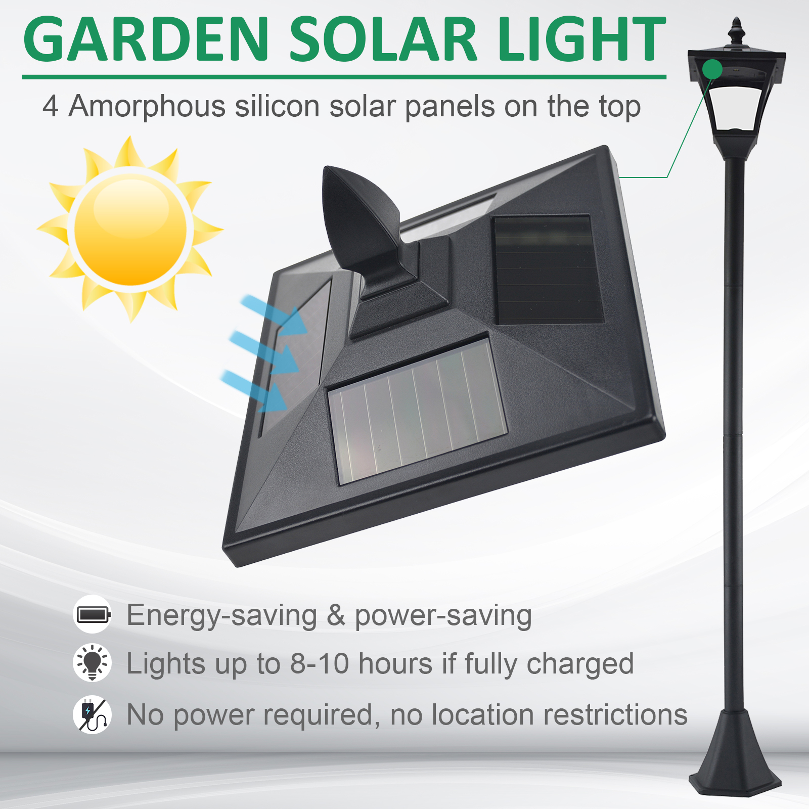 Outsunny Outdoor Solar Powered Post Lamp Sensor Dimmable LED Lantern Bollard Pathway 1.6M Tall â€“ Black