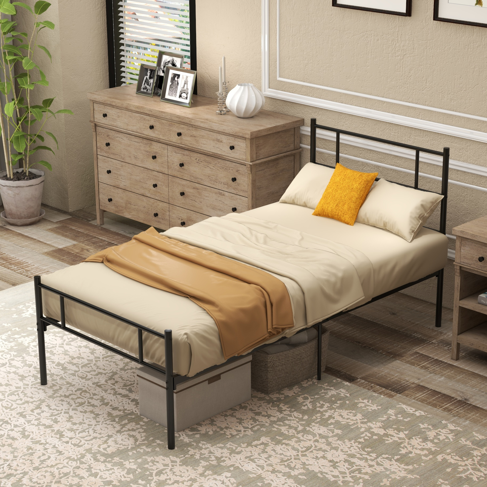 HOMCOM Single Metal Bed Frame with Headboard and Footboard, Solid Bedstead, Metal Slat Support, Underbed Storage, Bedroom Furniture