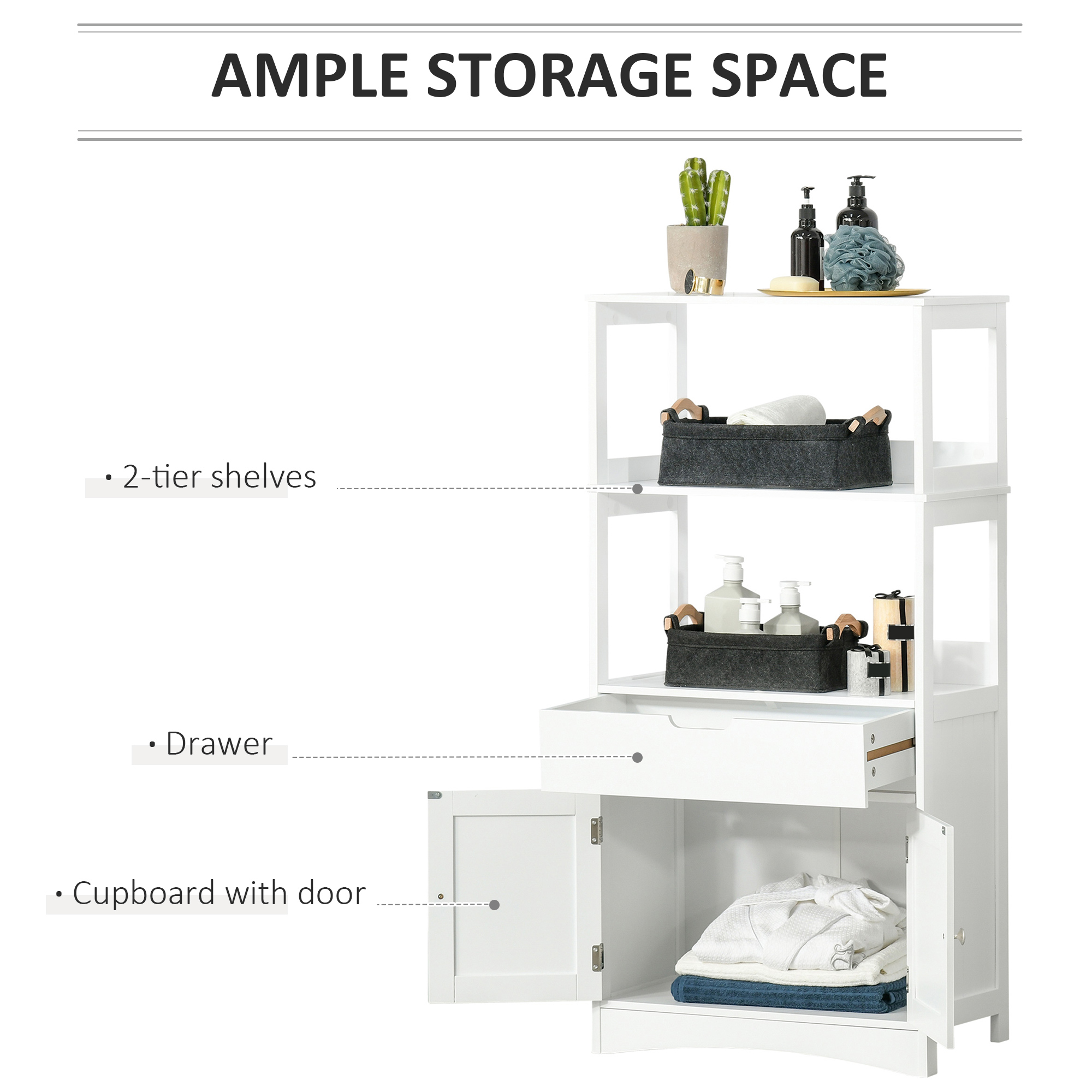 Kleankin Free Standing Bathroom Cabinet, Kitchen Cupboard with Shelves, Drawer, for Storage Organising, White