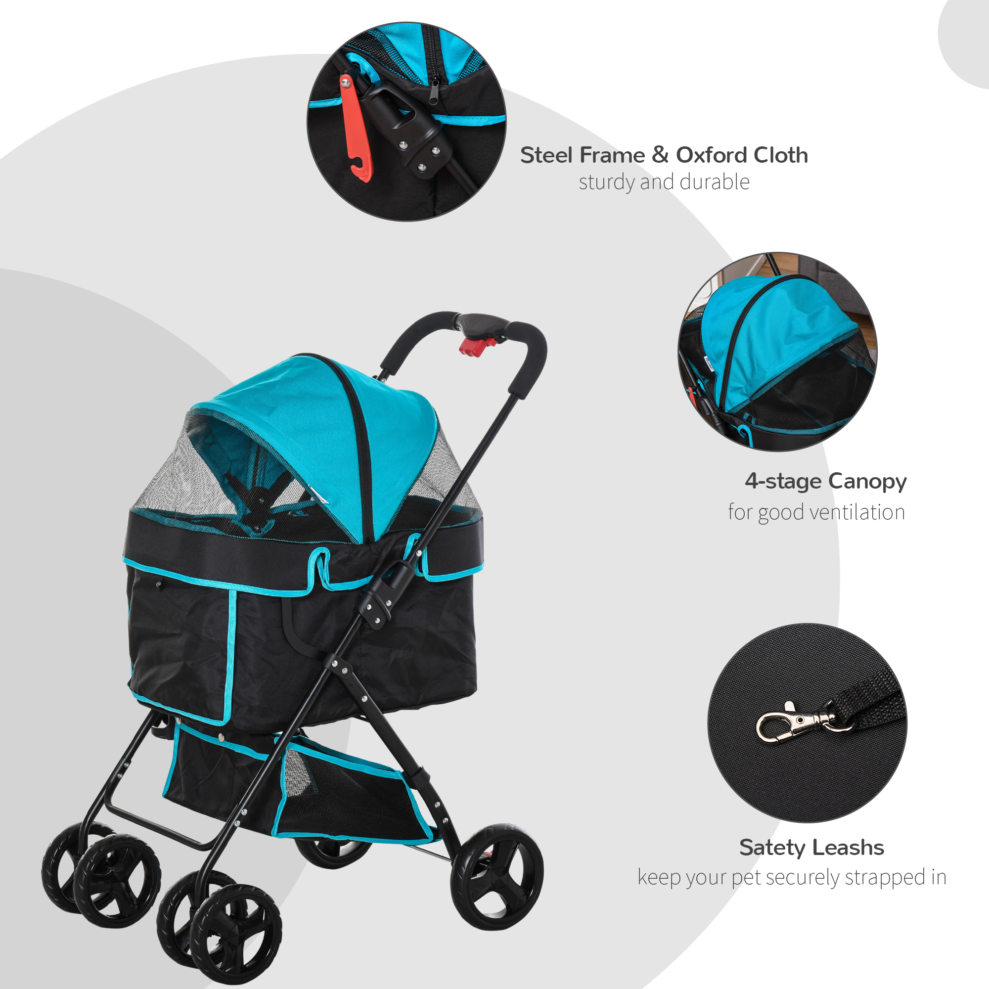 PawHut Pet Stroller with One-Click Fold, EVA Wheels, Brake, Removable Basket, Bottle Holder, Adjustable Canopy, Safety Leash