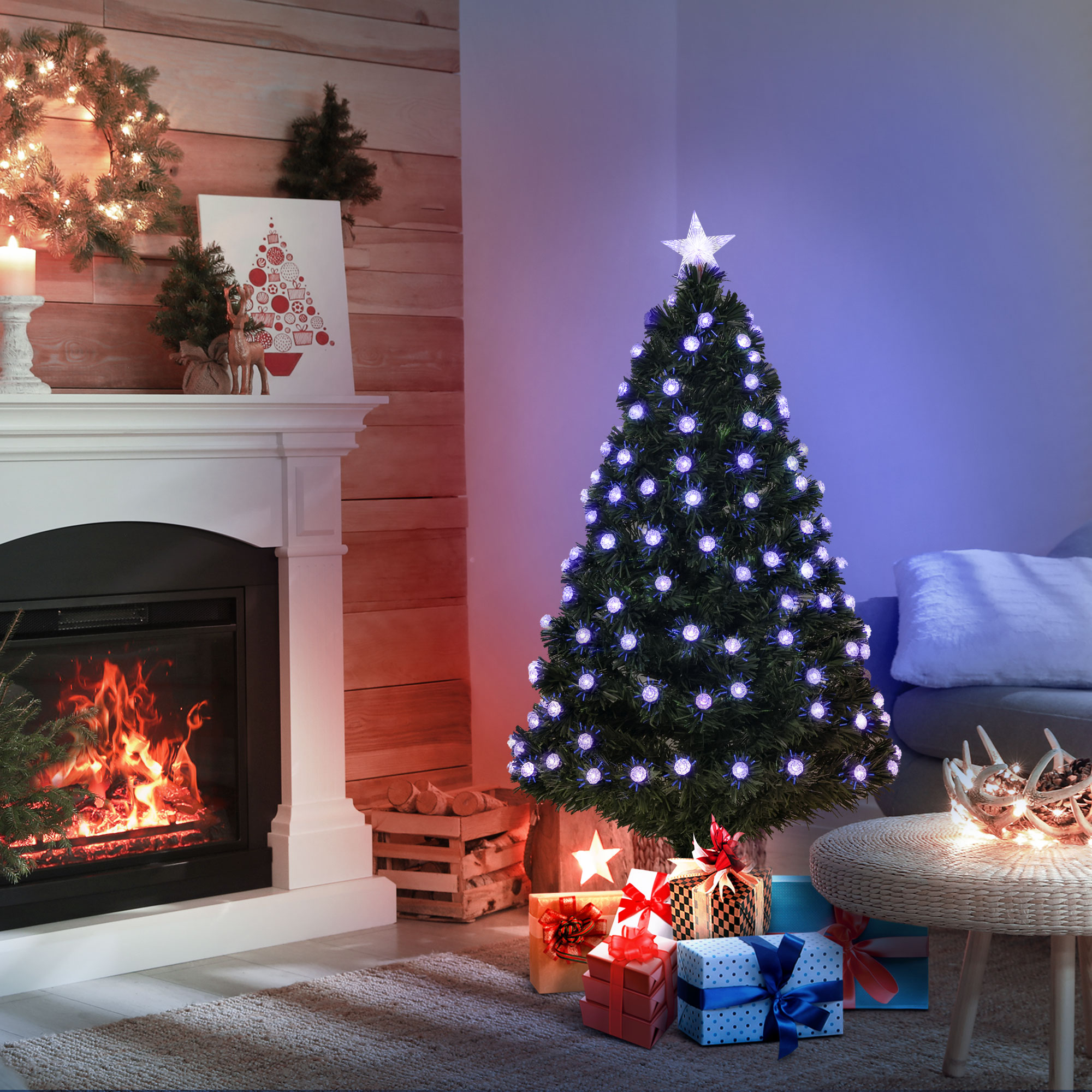 HOMCOM 4FT Prelit Christmas Tree Artificial w/Fibre Optic Decorations LED Light Holiday Home Xmas Decoration-Green