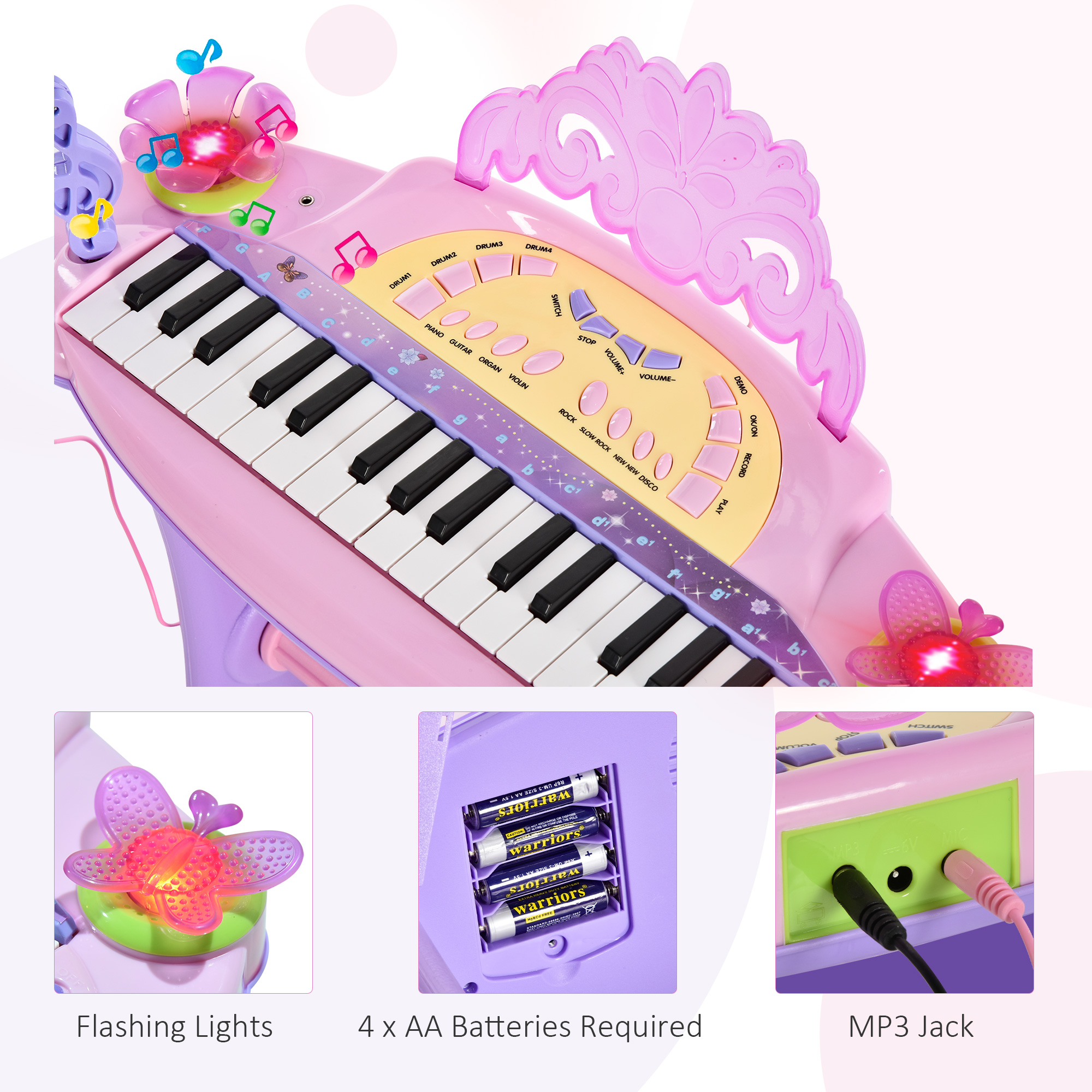 HOMCOM Electronic Organ for Kids, Mini Piano with Microphone and Stool, Interactive Music Play, Purple/Pink