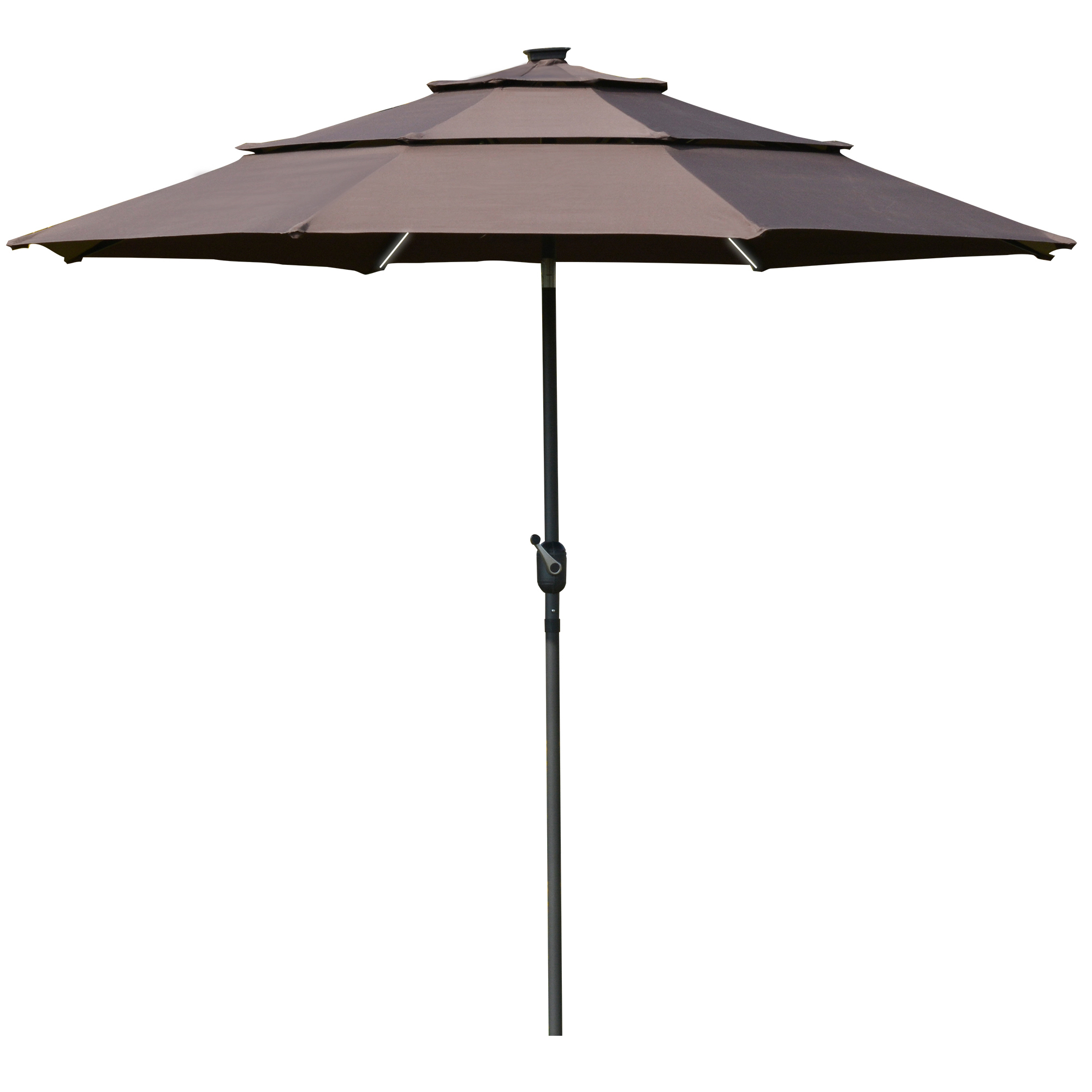 Outsunny Sombrilla de Jardín Ø300x250cm con Luces LED y Panel Solar Manivela Ángulo Ajustable en 3 Posiciones Parasol para Patio Terraza Piscina Café