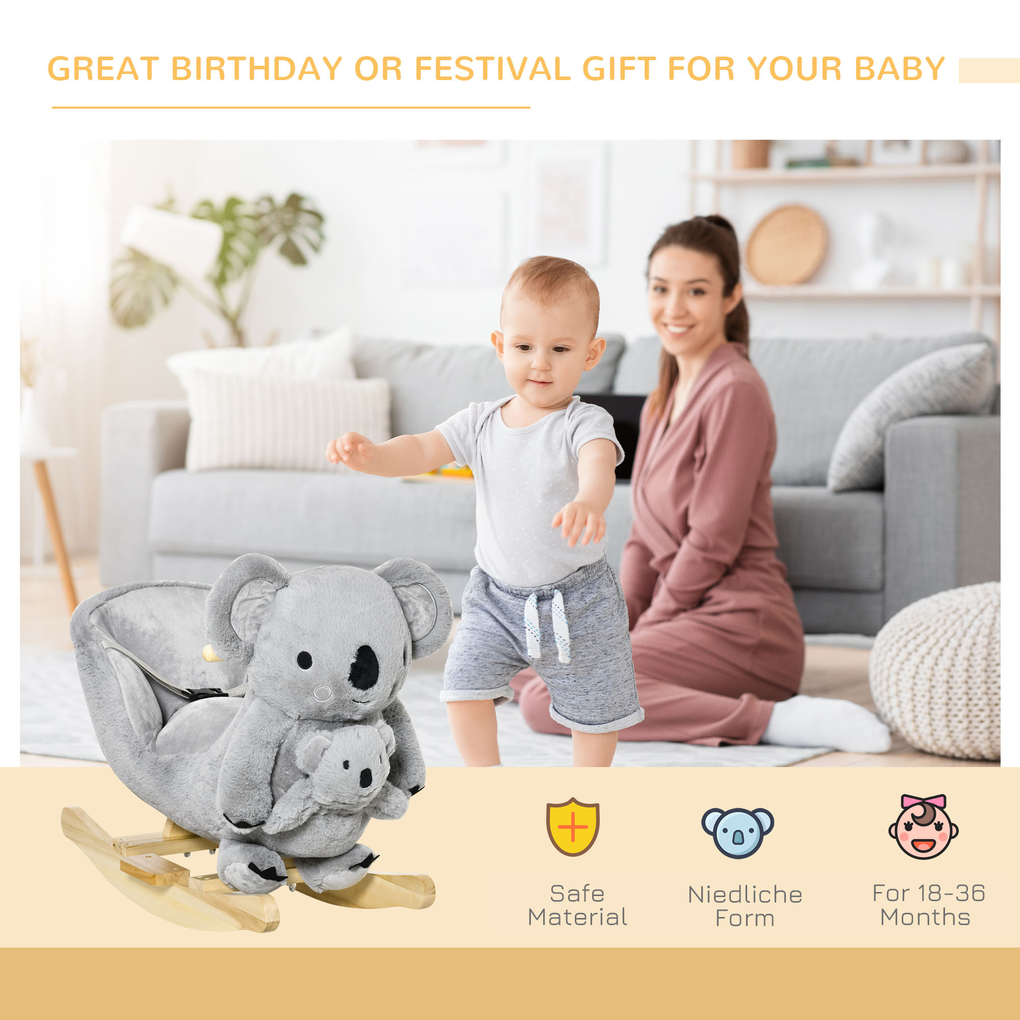 HOMCOM Plush Rocking Horse, Koala-Shaped Rocker with Gloved Doll, Realistic Sounds, for Toddlers 18-36 Months, Grey
