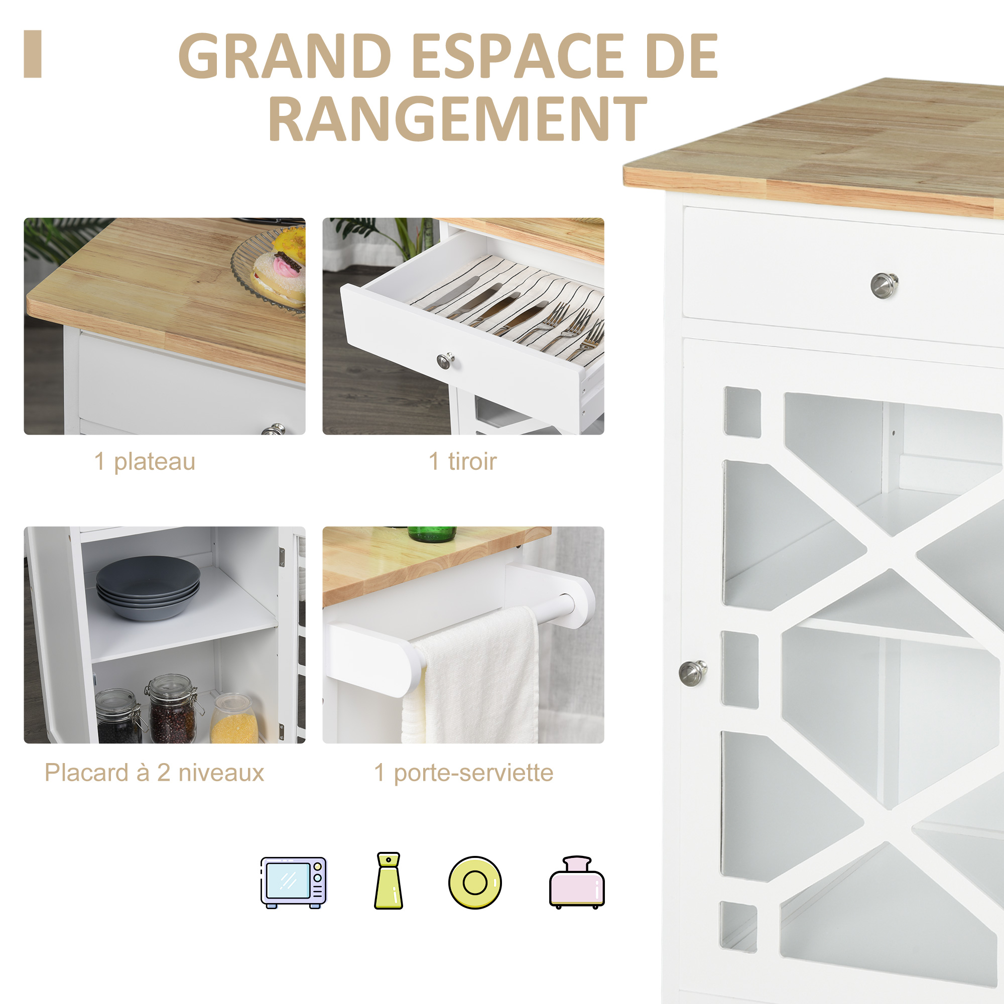 HOMCOM Chariot De Service Cuisine à Roulettes - Desserte Avec Tiroir Placard Porte-Serviette Blanc
