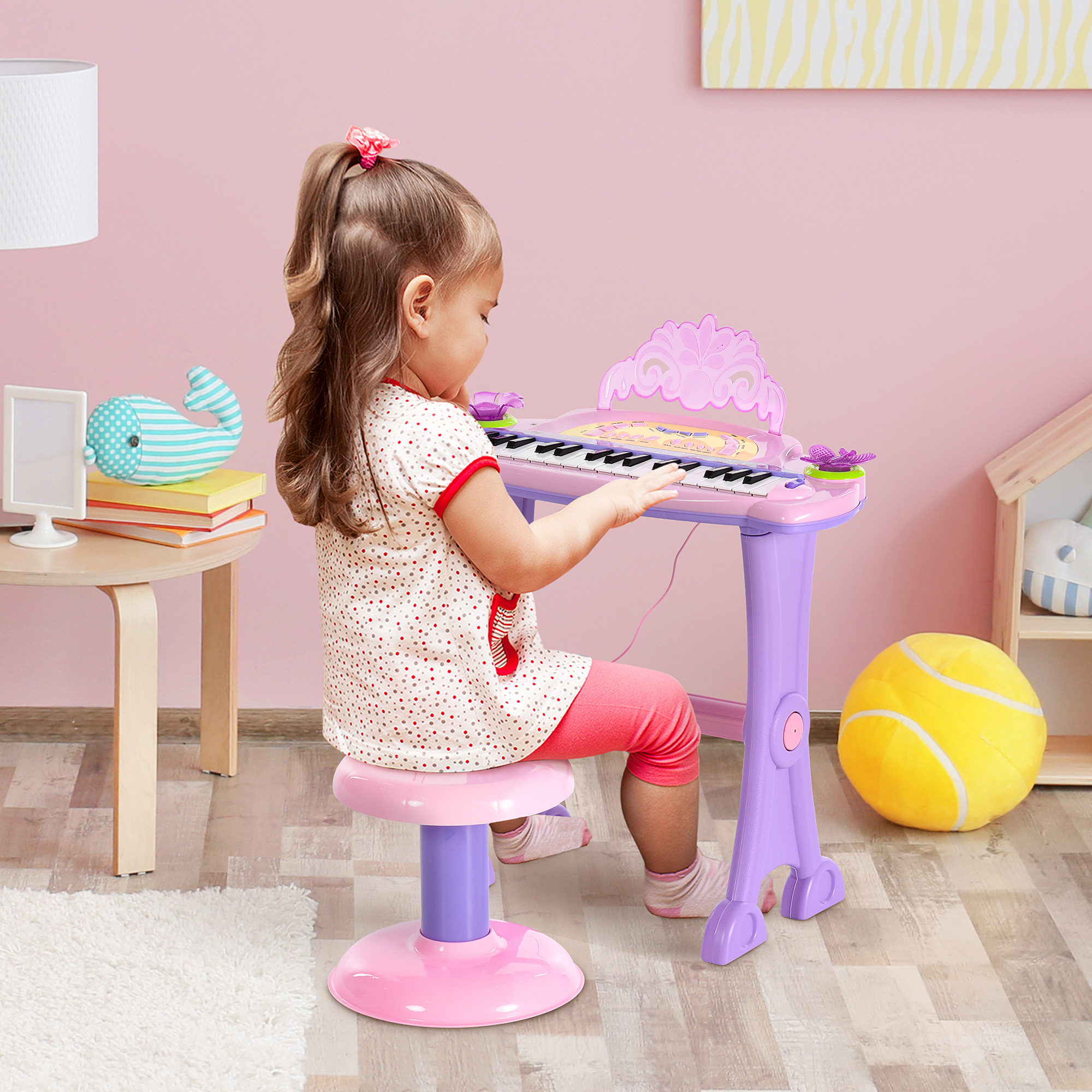 HOMCOM Electronic Organ for Kids, Mini Piano with Microphone and Stool, Interactive Music Play, Purple/Pink