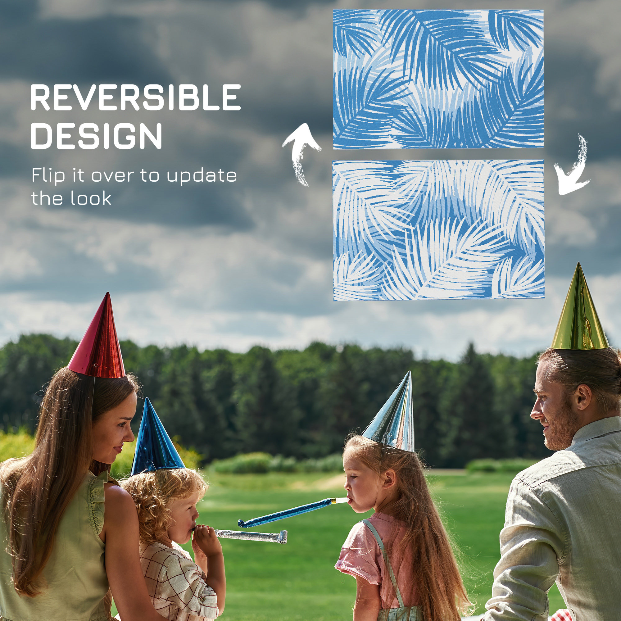 Outsunny Reversible Outdoor Rug, Plastic Straw, Portable with Carry Bag, 182 x 274cm, Blue and Cream