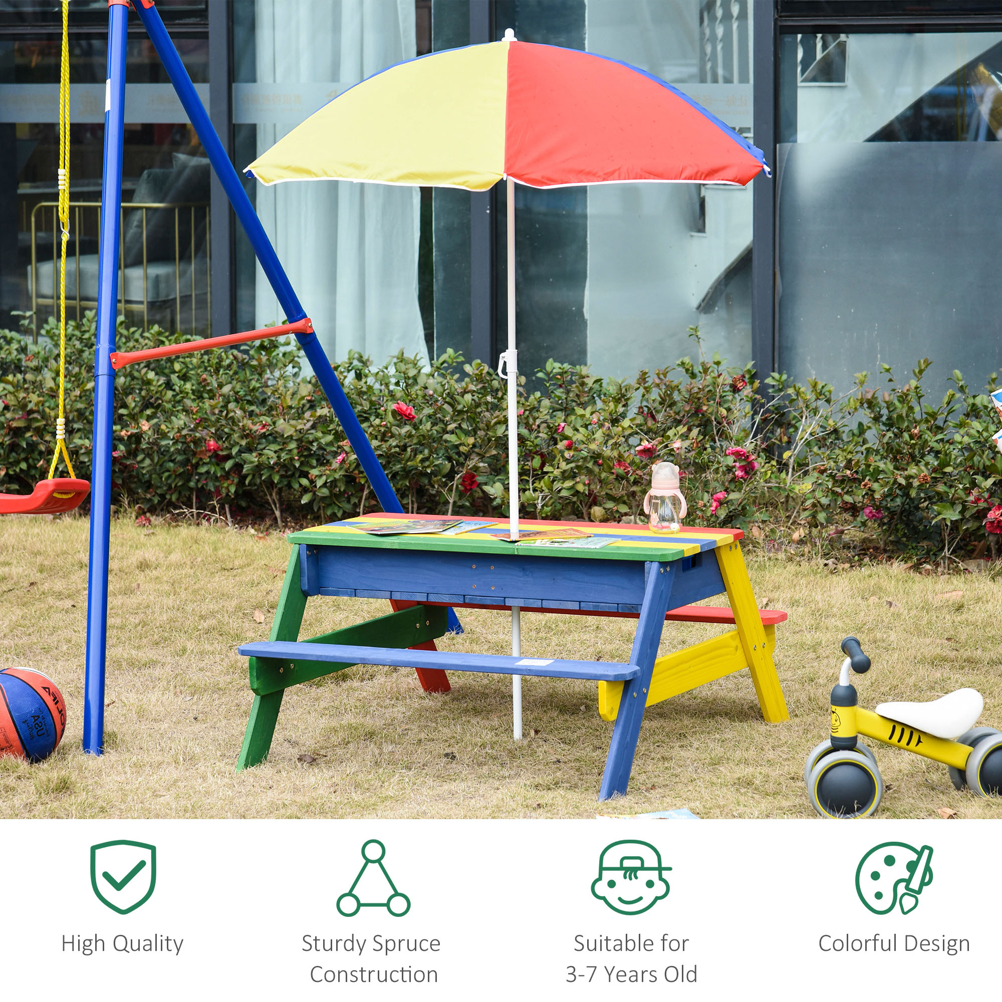 Outsunny Kids Picnic Table Set Wooden Bench Rainbow with Sandbox Removable & Height Adjustable Parasol Outdoor Garden Patio Backyard Beach