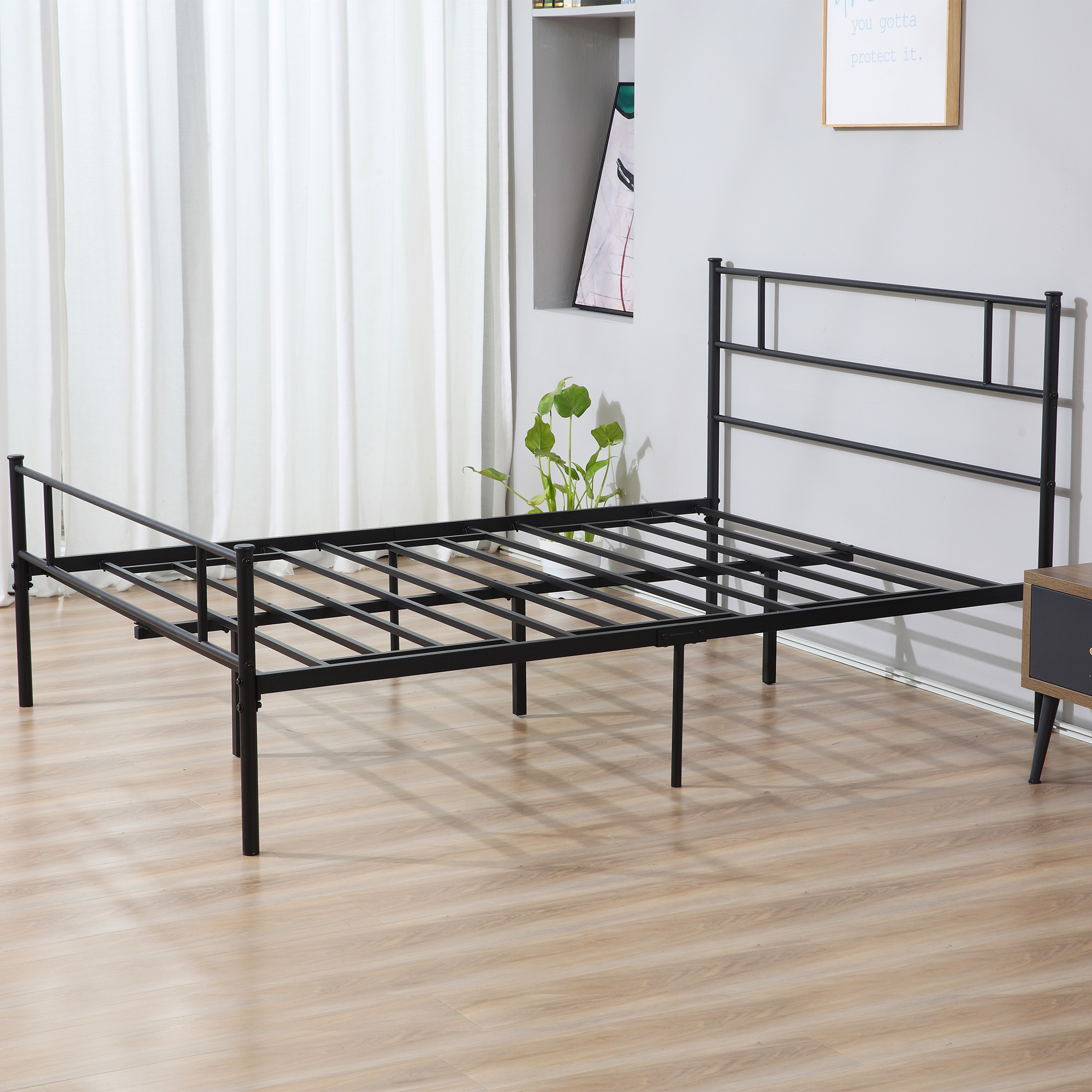 HOMCOM King Size Metal Bed Frame, Solid Bedstead with Headboard, Footboard, Metal Slat Support, Underbed Storage, Bedroom Furniture