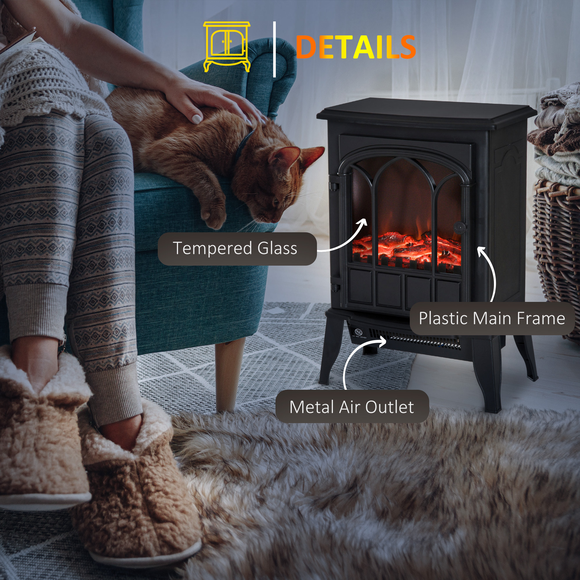 HOMCOM Freestanding Electric Fireplace Heater, 1000W/2000W-Black 