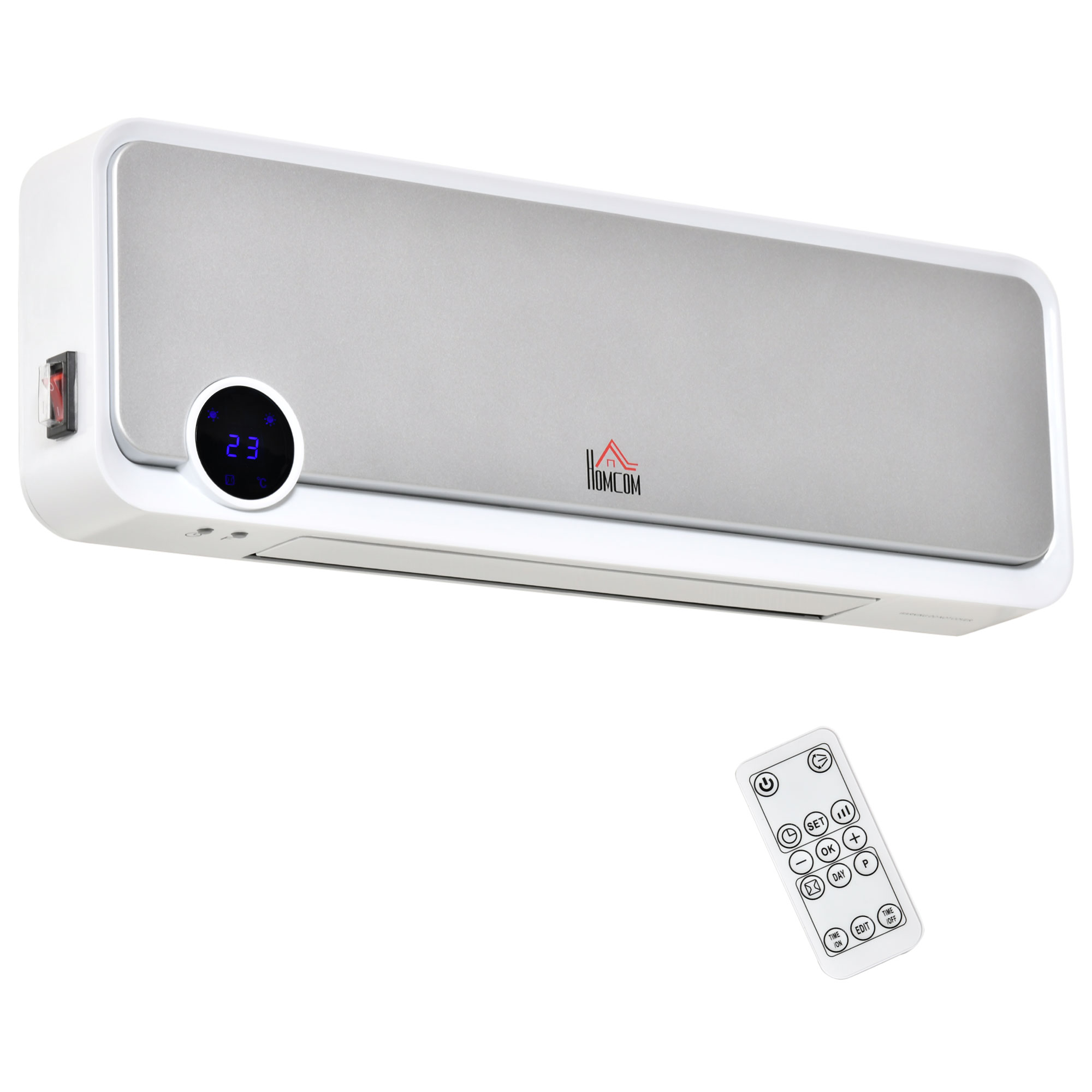 HOMCOM Wall Mounted Downflow Ceramic Heater with 12 Hour Timer, Remote, Overheat Protection for Home and Office, 1000W/2000W, White