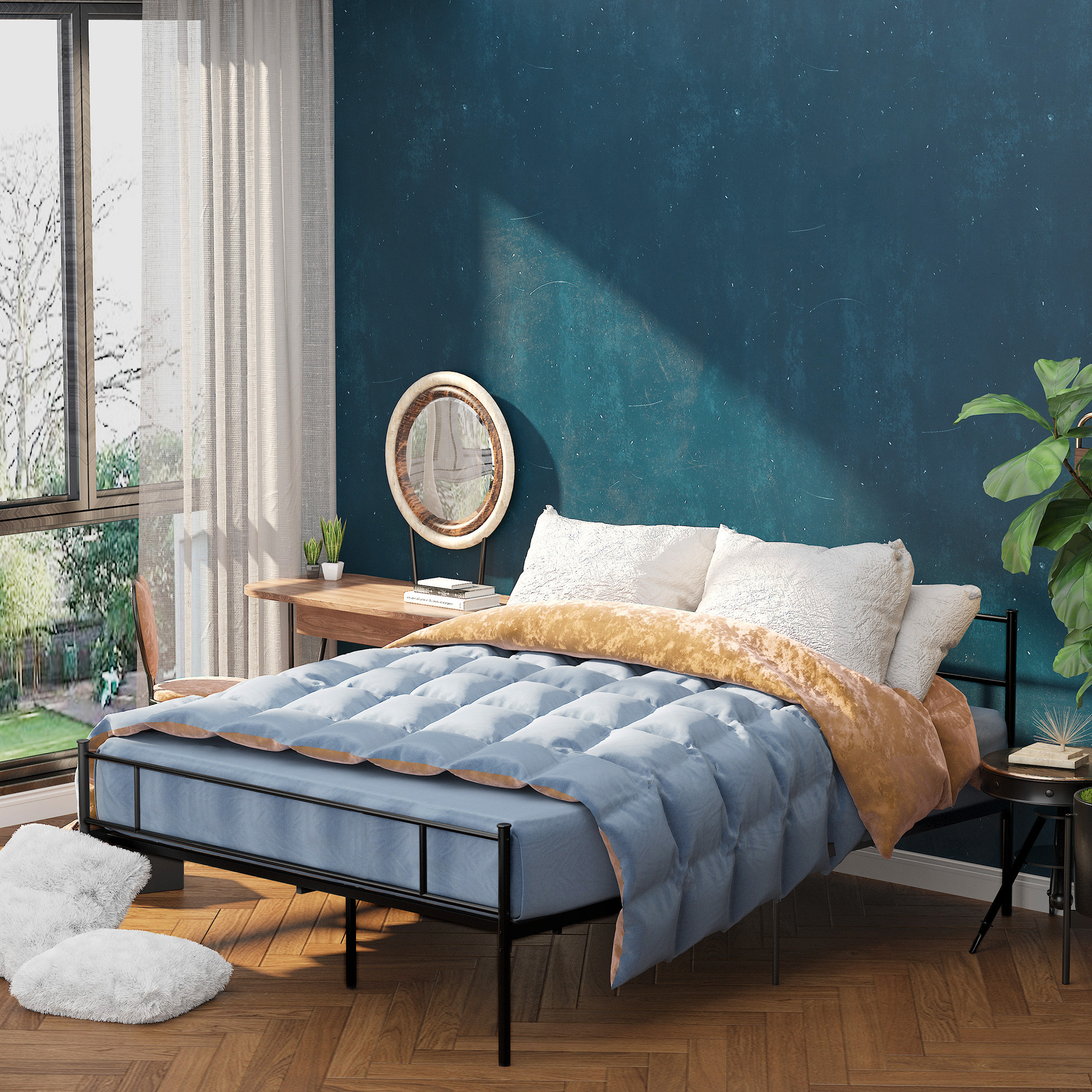 HOMCOM King Size Metal Bed Frame, Solid Bedstead with Headboard, Footboard, Metal Slat Support, Underbed Storage, Bedroom Furniture
