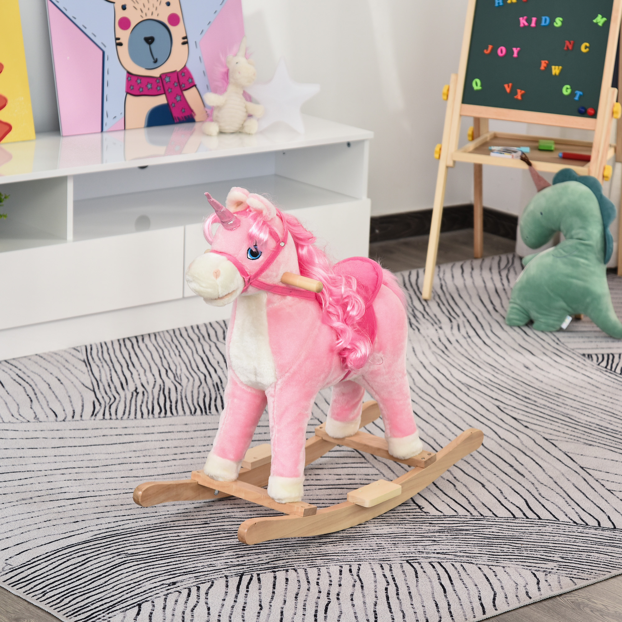 HOMCOM Unicorn Rocking Horse for Kids, Plush Ride On with Sound Effects, Soft, Pink