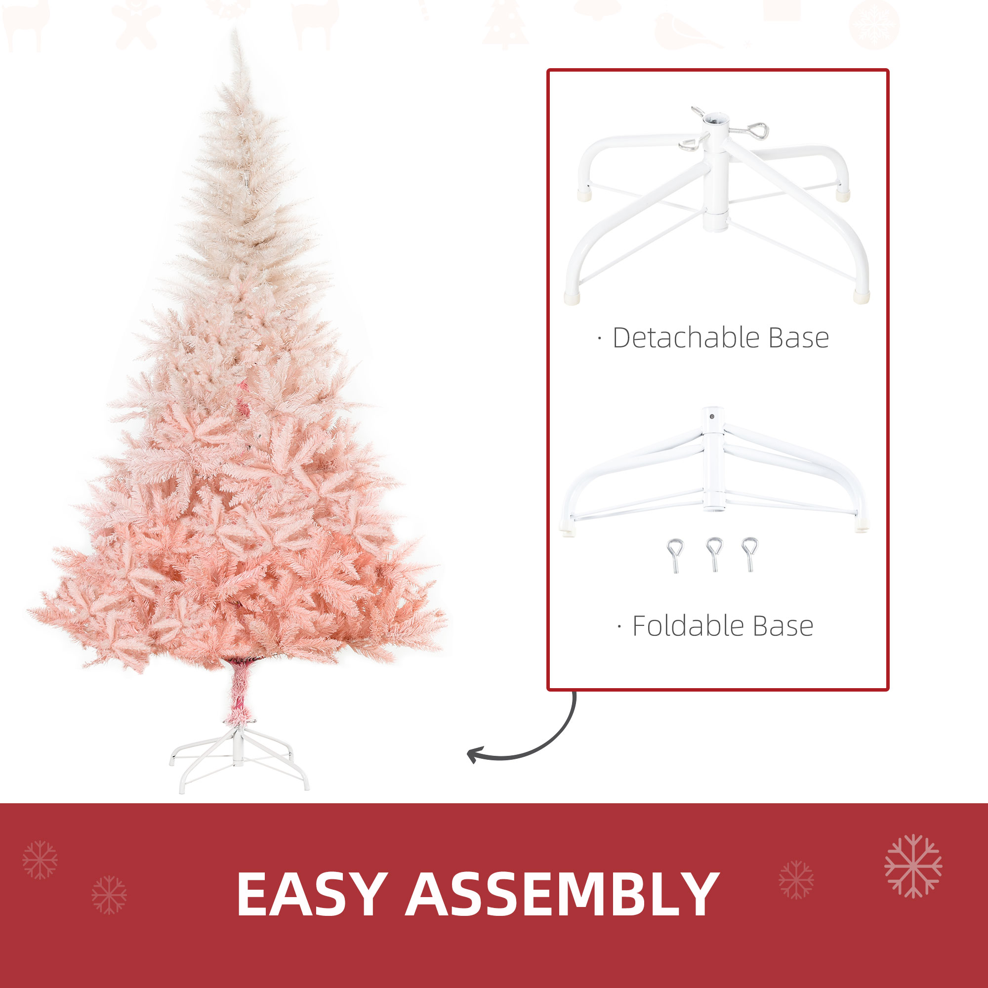 HOMCOM 6ft Artificial Christmas Tree Holiday Home Decoration w/ Metal Stand, Automatic Open, White & Pink Realistic Design Faux w/ Stand Quick Setup