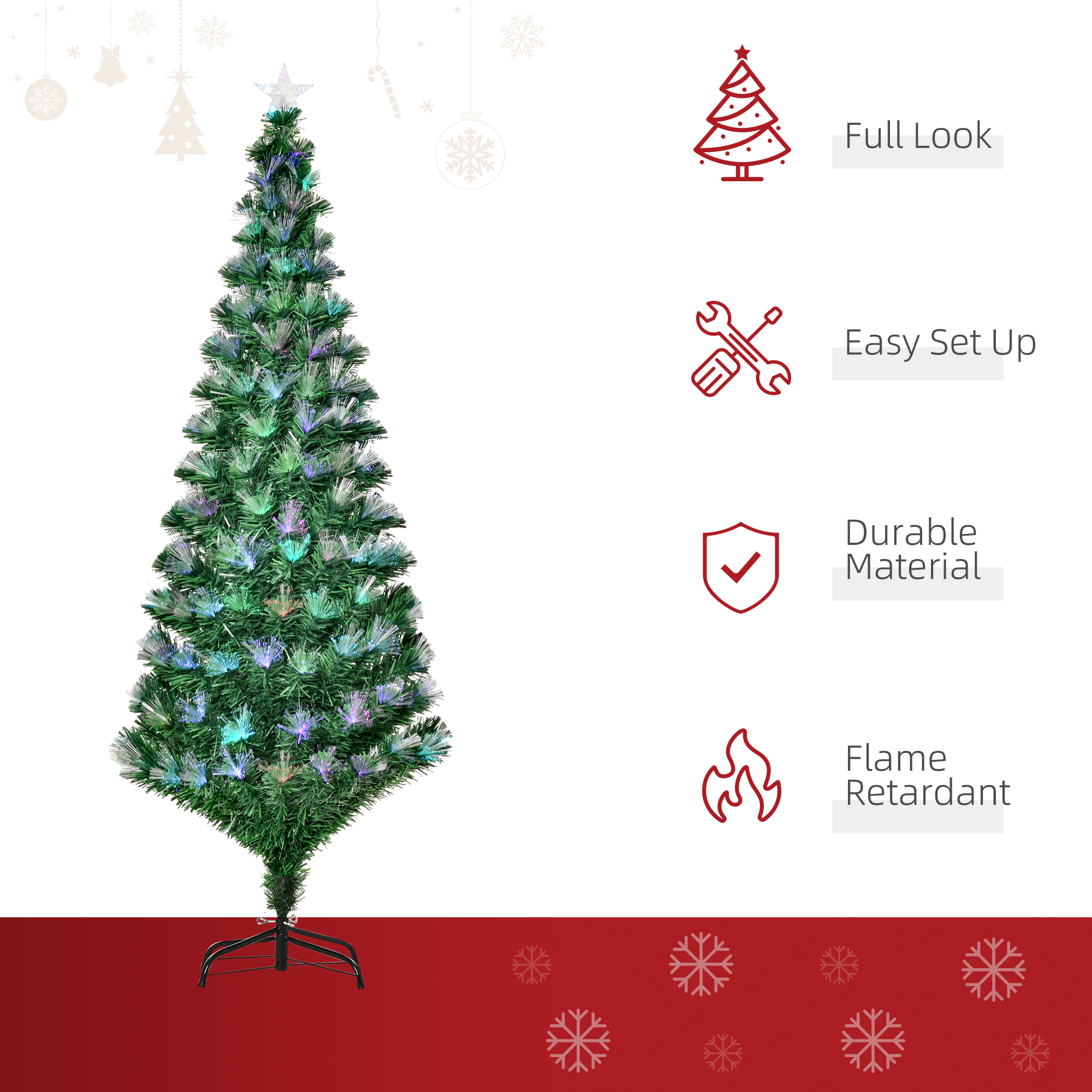 HOMCOM 6ft Tall Artificial Tree Fiber Optic Colorful LED Pre-Lit Holiday Home Christmas Decoration with Flash Mode - Green