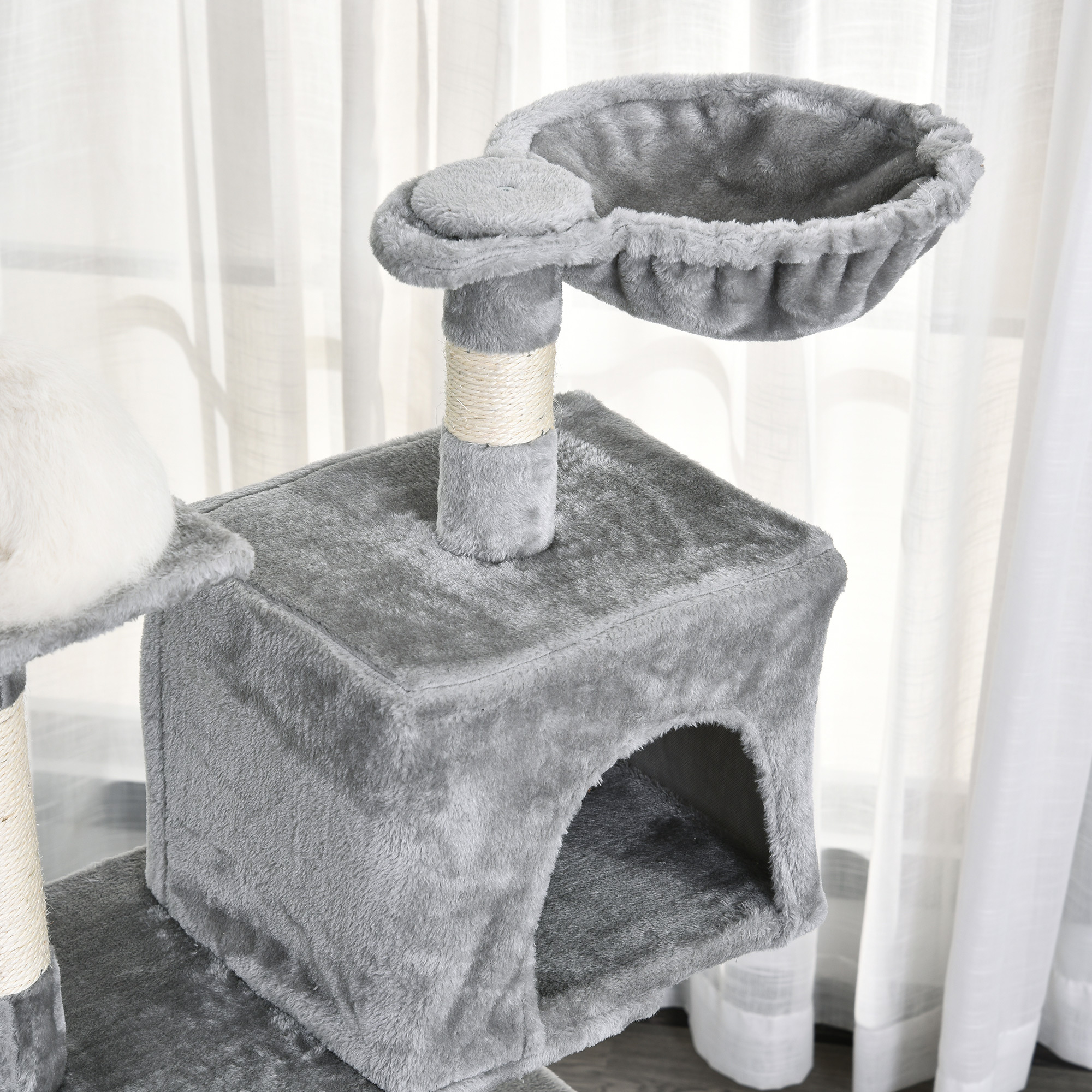 PawHut 1.2m Plush Cat Tree Activity Center with Sisal Scratching Posts Basket Perch Condo, Light Gray