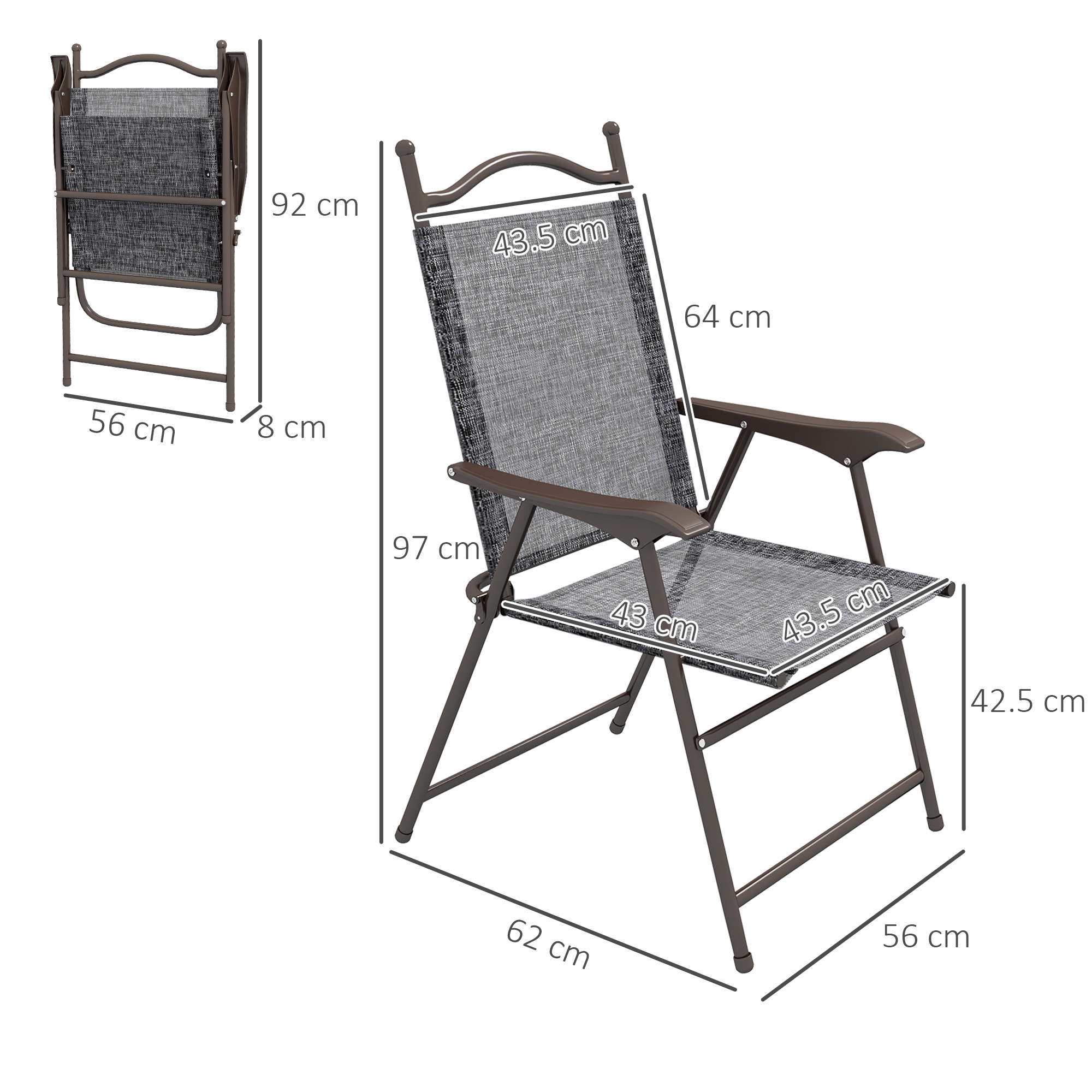 Outsunny Folding Chairs for Patio, Set of 2, Camping Sports Chairs with Armrest, Mesh Fabric Seat, Grey