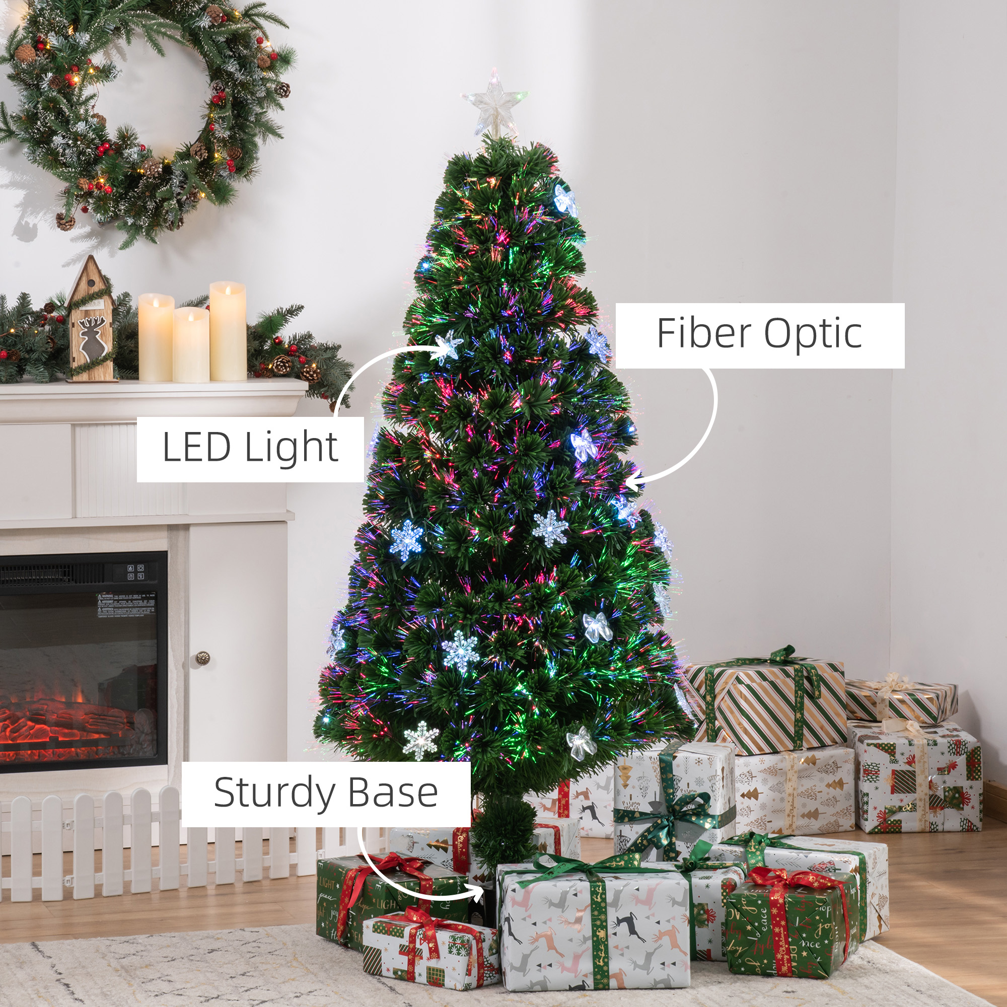 HOMCOM 5ft Prelit Artificial Christmas Tree Fiber Optic LED Light Holiday Home Xmas Decoration Tree with Foldable Feet, Green