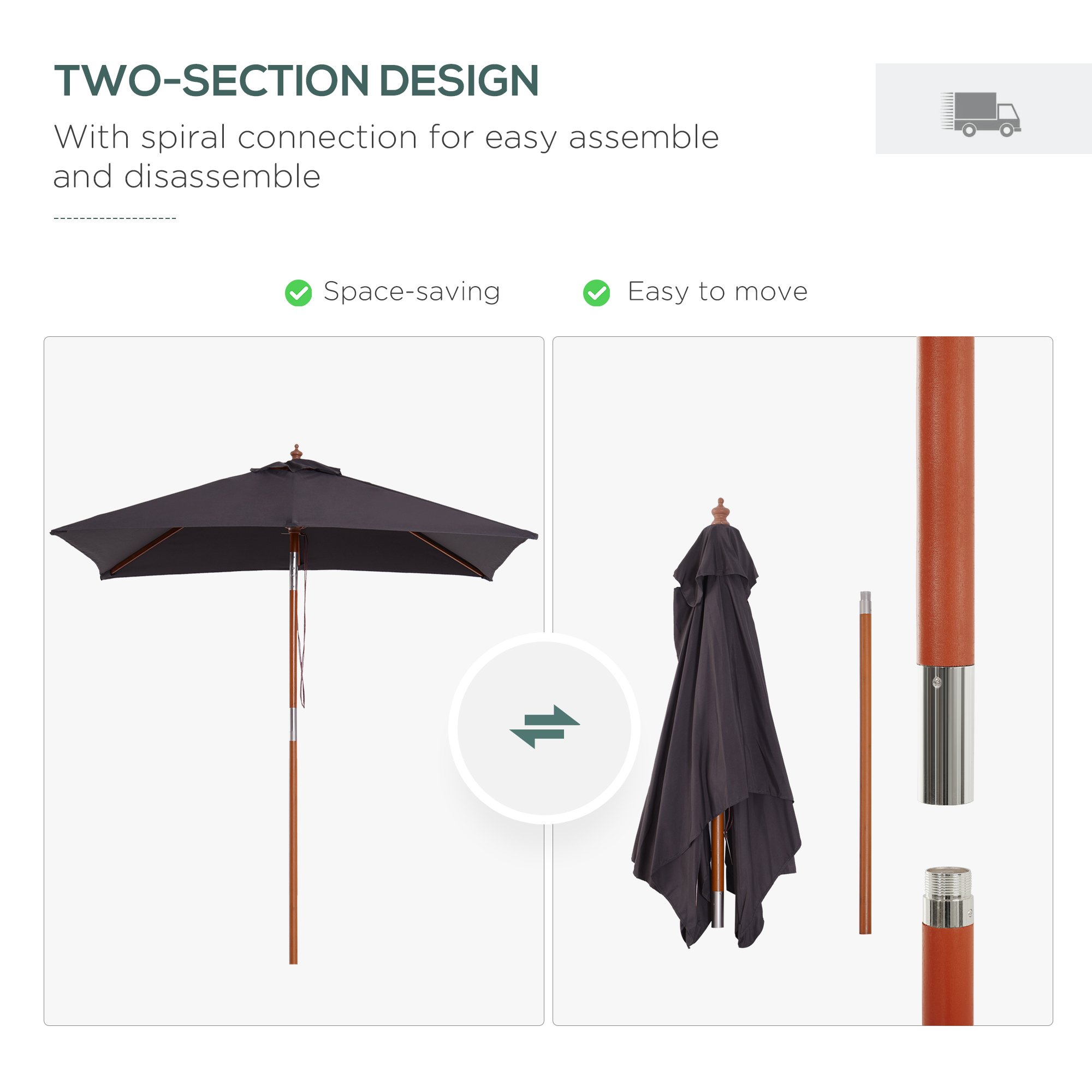Outsunny 2m x 1.5m Tilt Mechanism Bamboo Wooden Frame Parasol Deep Grey
