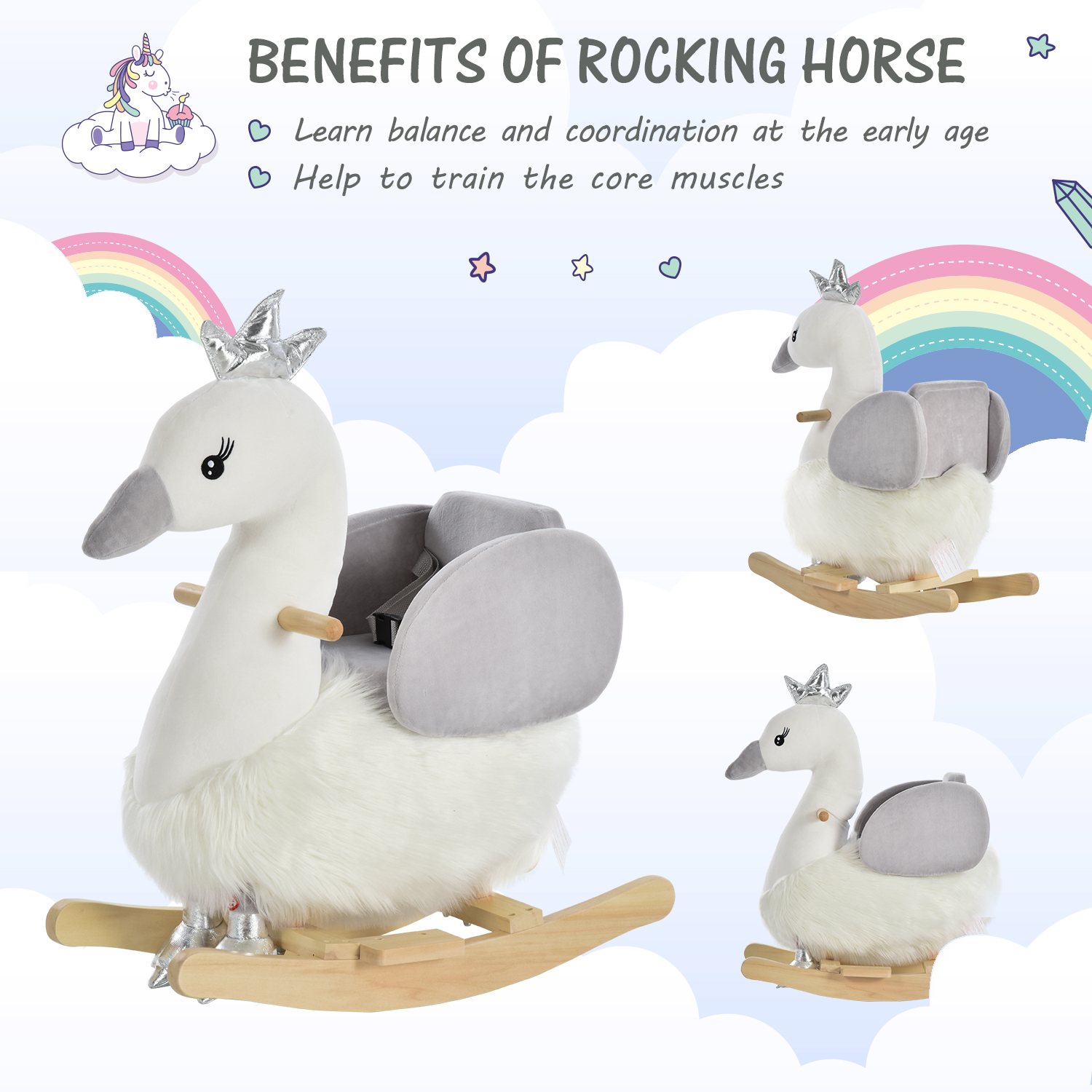 HOMCOM Kids Plush Ride-On Rocking Animal Horse Swan-shaped Toy Rocker with Realistic Sounds for Toddler 18-36 Months