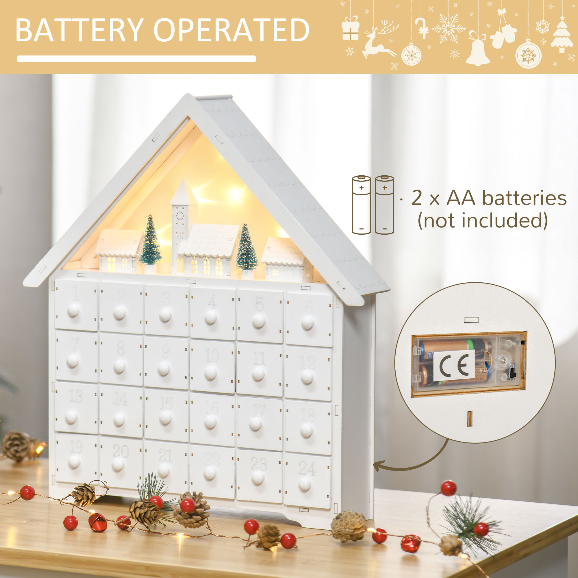 HOMCOM Christmas Advent Calendar, Light Up Table Xmas Wooden House Holiday Decoration with Countdown Drawer, Village, for kids Adults, White