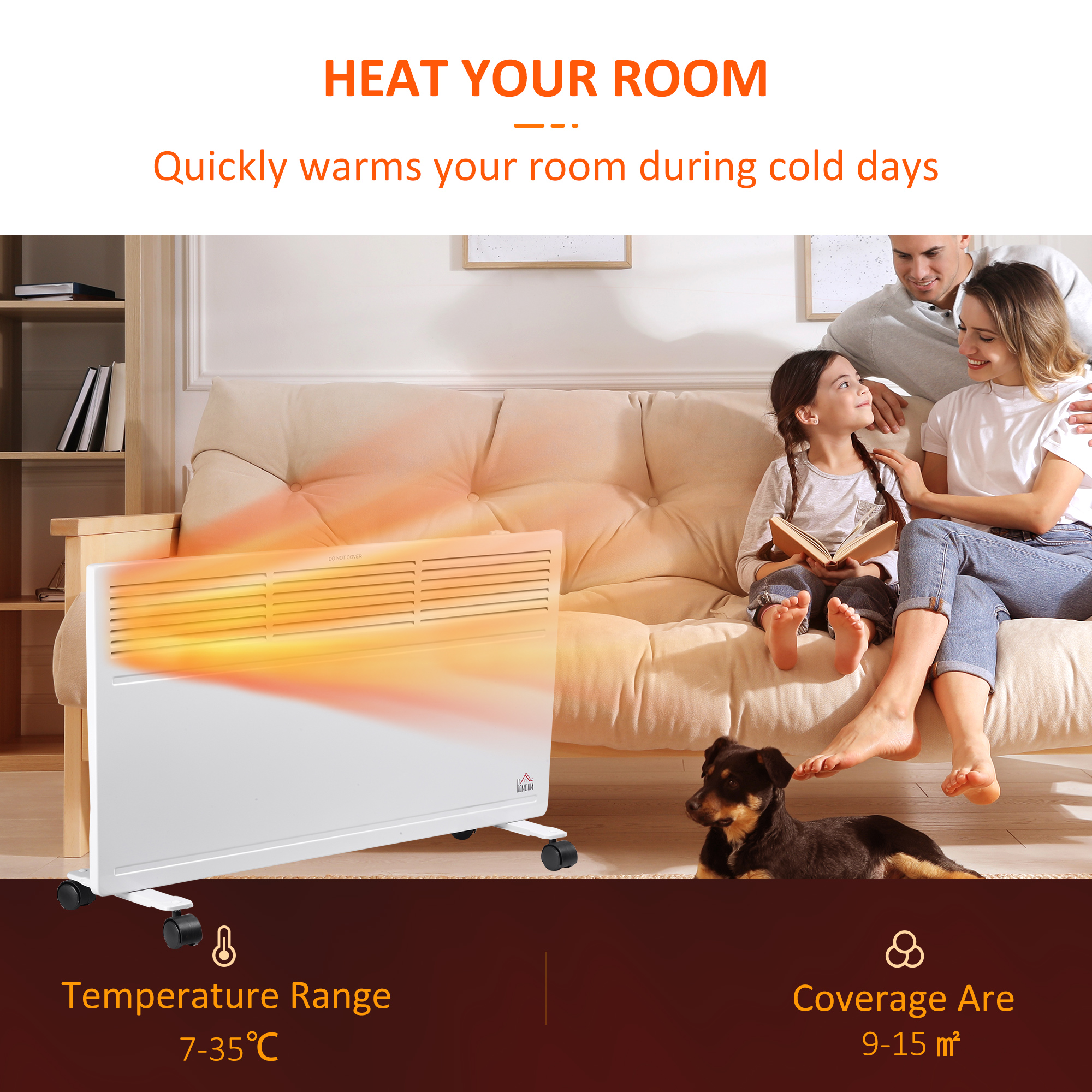 HOMCOM Convector Radiator Heater Freestanding or Wall-mounted Portable Electric Heating with 2 Heat Settings, Adjustable Thermostat and Safety Cut-Off