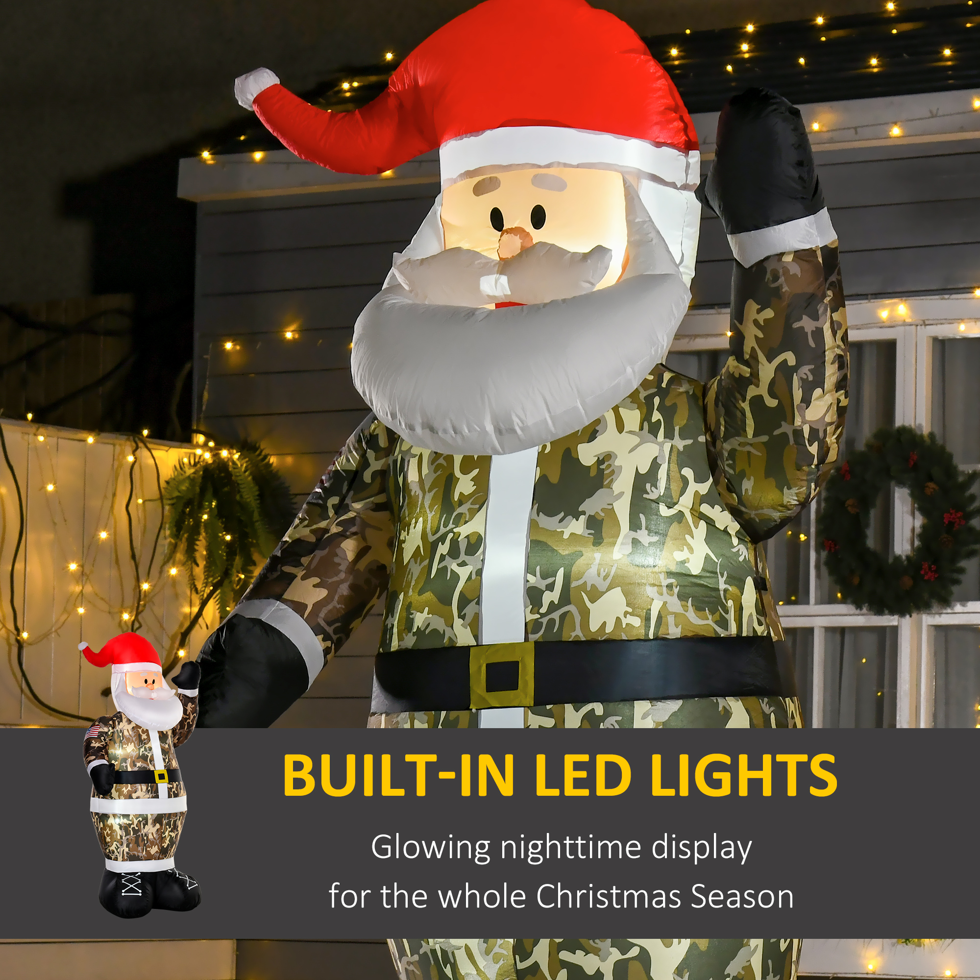 HOMCOM 8ft Christmas Inflatable Outdoor Santa Claus Saluting in Camouflage, Blow Up Yard Decoration Built-in LED Lights for Holiday Party Xmas Garden