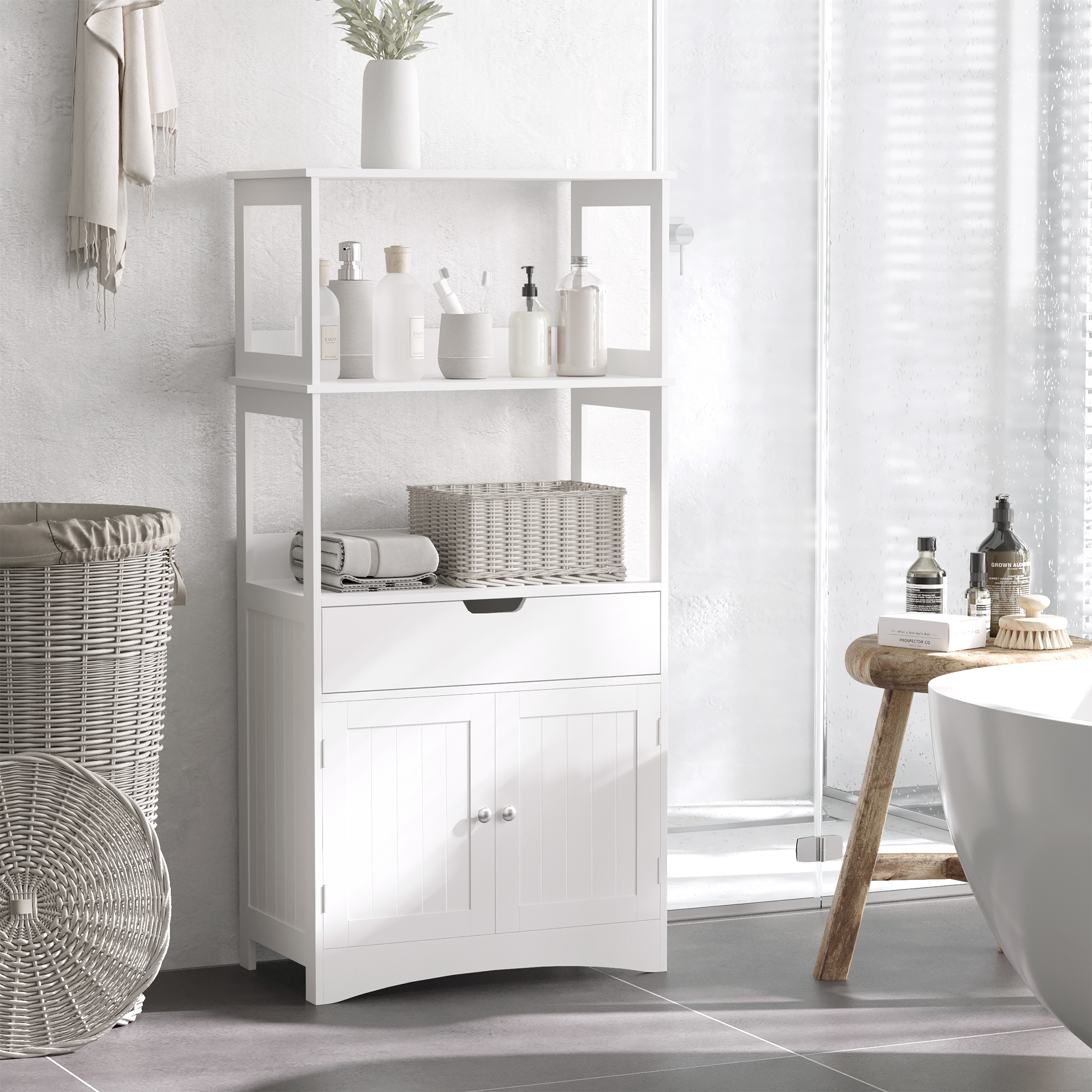 Kleankin Free Standing Bathroom Cabinet, Kitchen Cupboard with Shelves, Drawer, for Storage Organising, White
