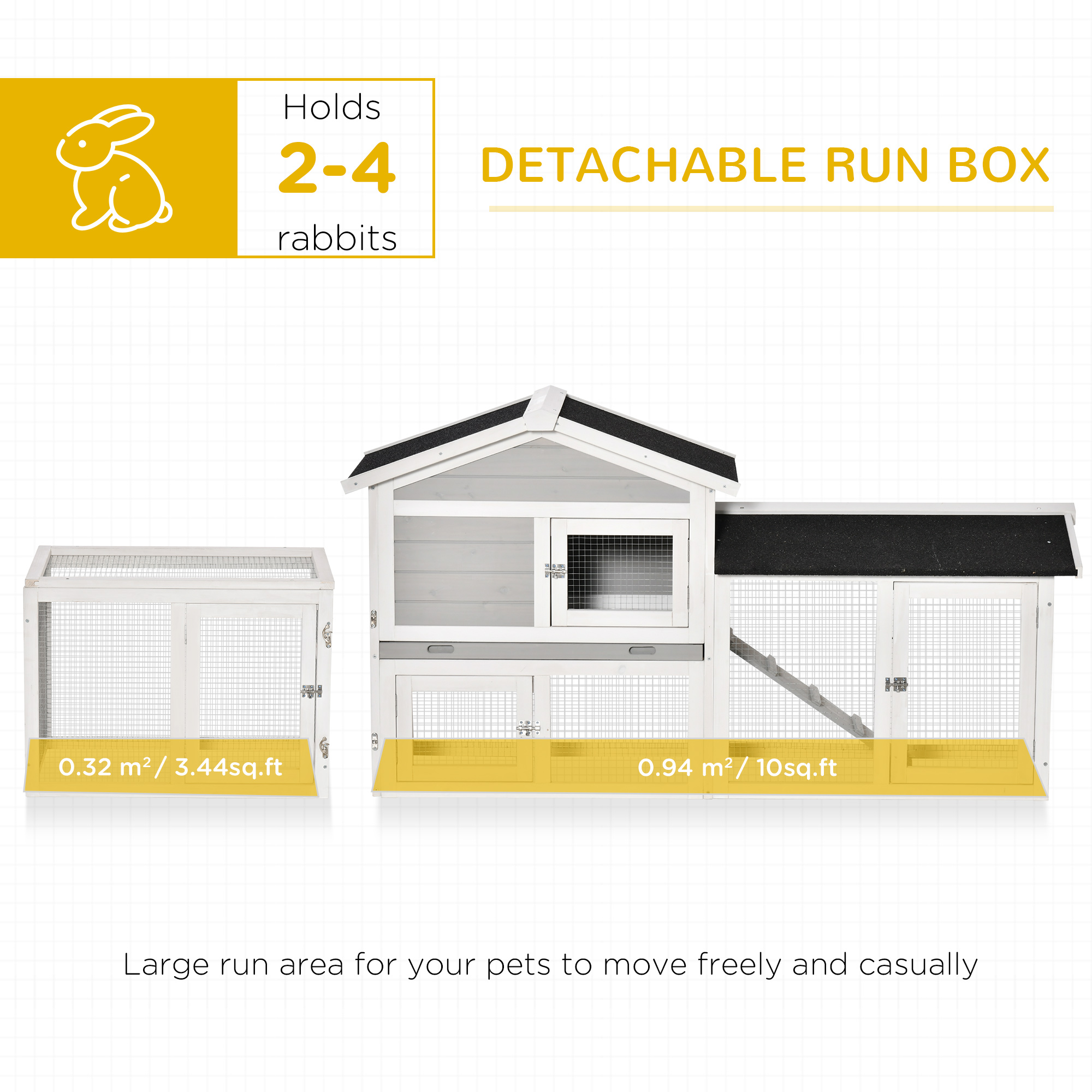 PawHut 2 Tier Wooden Rabbit Hutch Small Pet House Bunny Run Cage with Pull Out Tray Ramps Lockable Doors Large Run Area Asphalt Roof for Outdoor Grey
