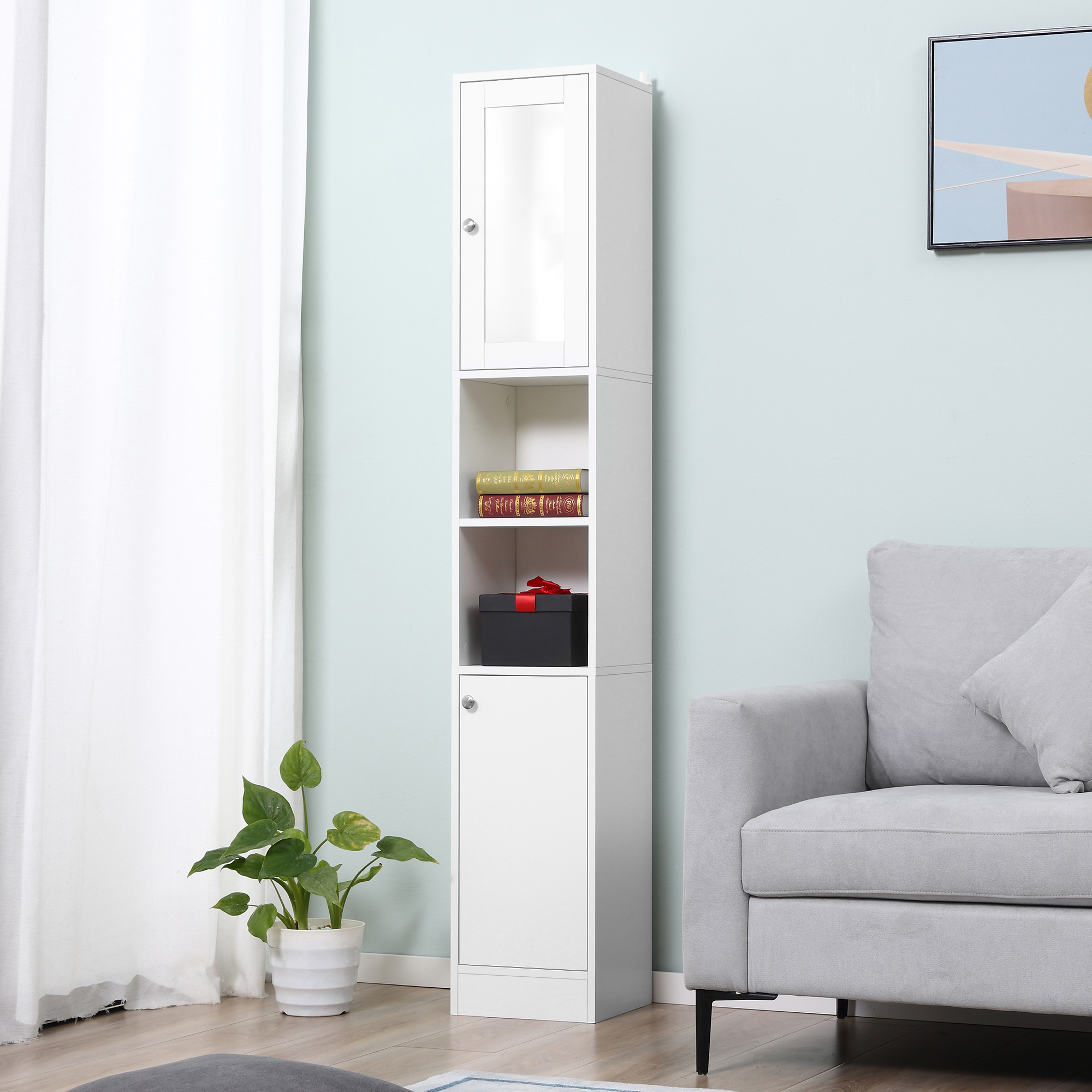 HOMCOM Freestanding Tall Bathroom Cabinet with Mirror Door, Adjustable Shelf Floor Storage Tallboy Unit, White