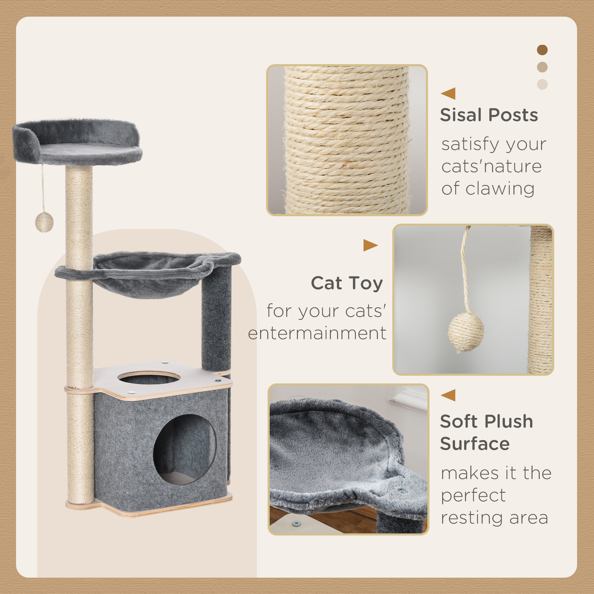PawHut Cat Tower, 95cm Climbing Kitten Activity Centre with Sisal Scratching Posts, Perch, Spacious Condo, and Hammock, Grey