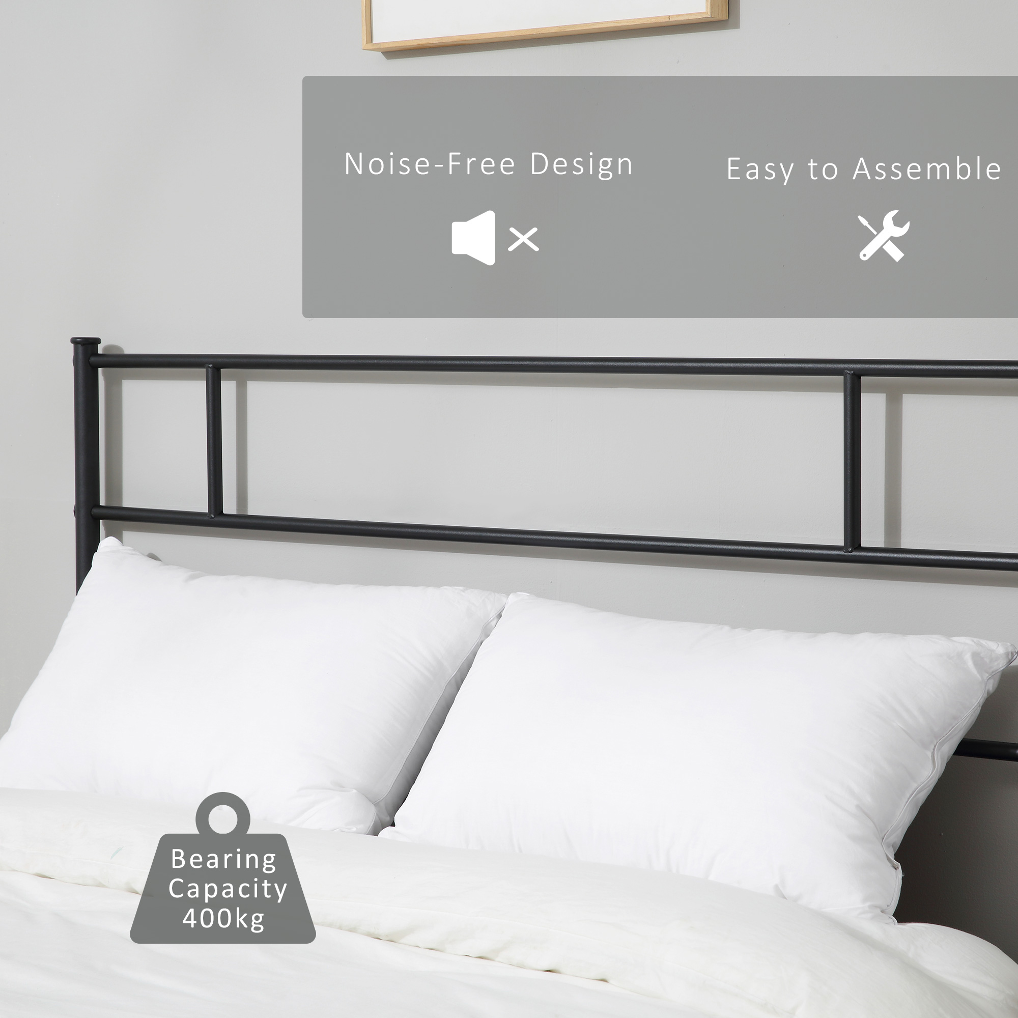 HOMCOM King Size Metal Bed Frame, Solid Bedstead with Headboard, Footboard, Metal Slat Support, Underbed Storage, Bedroom Furniture