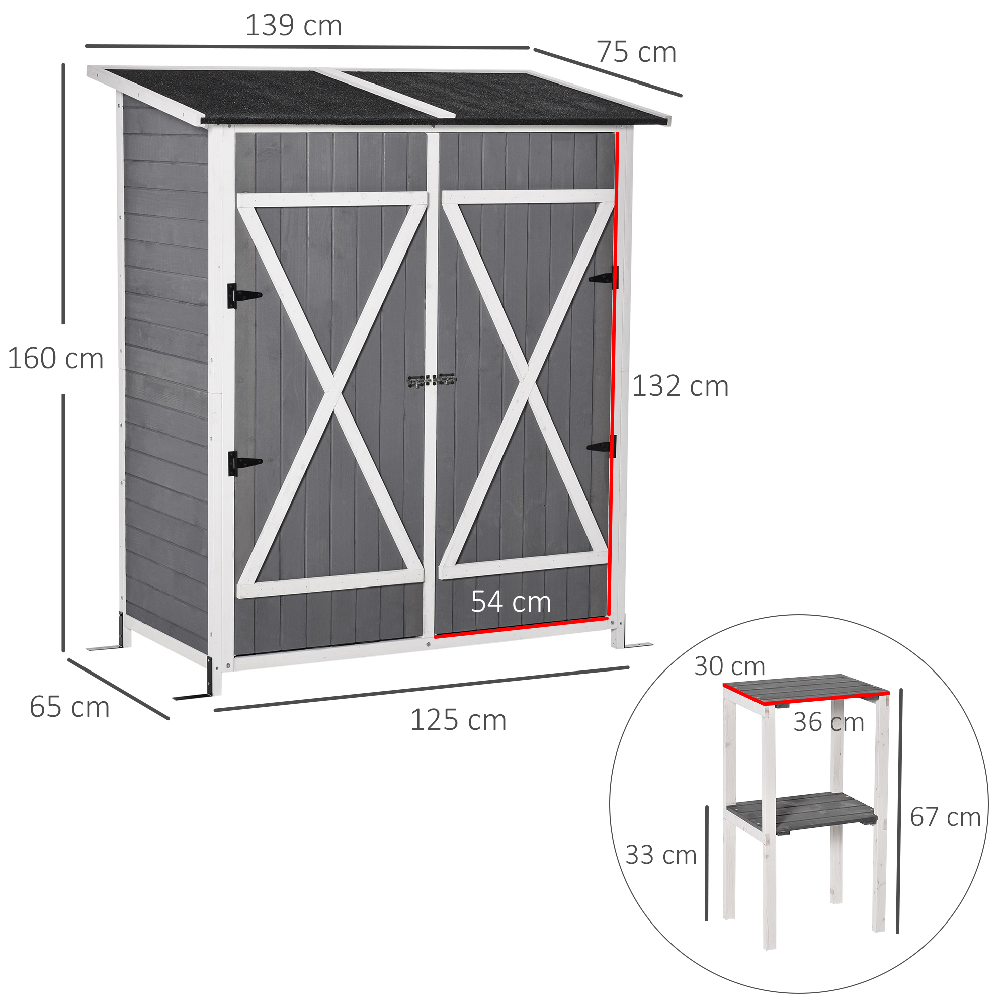 Outsunny Garden Wood Storage Shed w/ Storage Table, Hooks and Ground Nails Multifunction Lockable Sheds Tool Organizer, 139 x 75 x 160cm, Grey