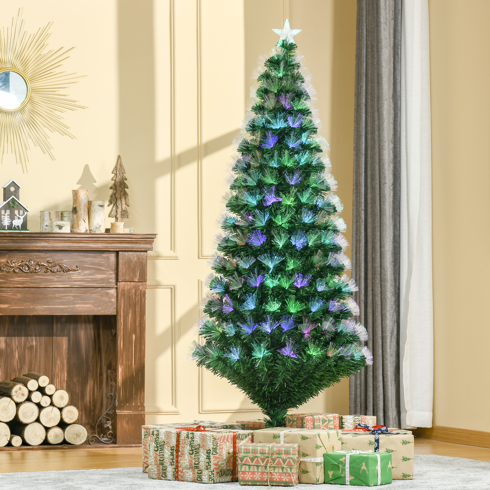 HOMCOM 6ft Tall Artificial Tree Fiber Optic Colorful LED Pre-Lit Holiday Home Christmas Decoration with Flash Mode - Green