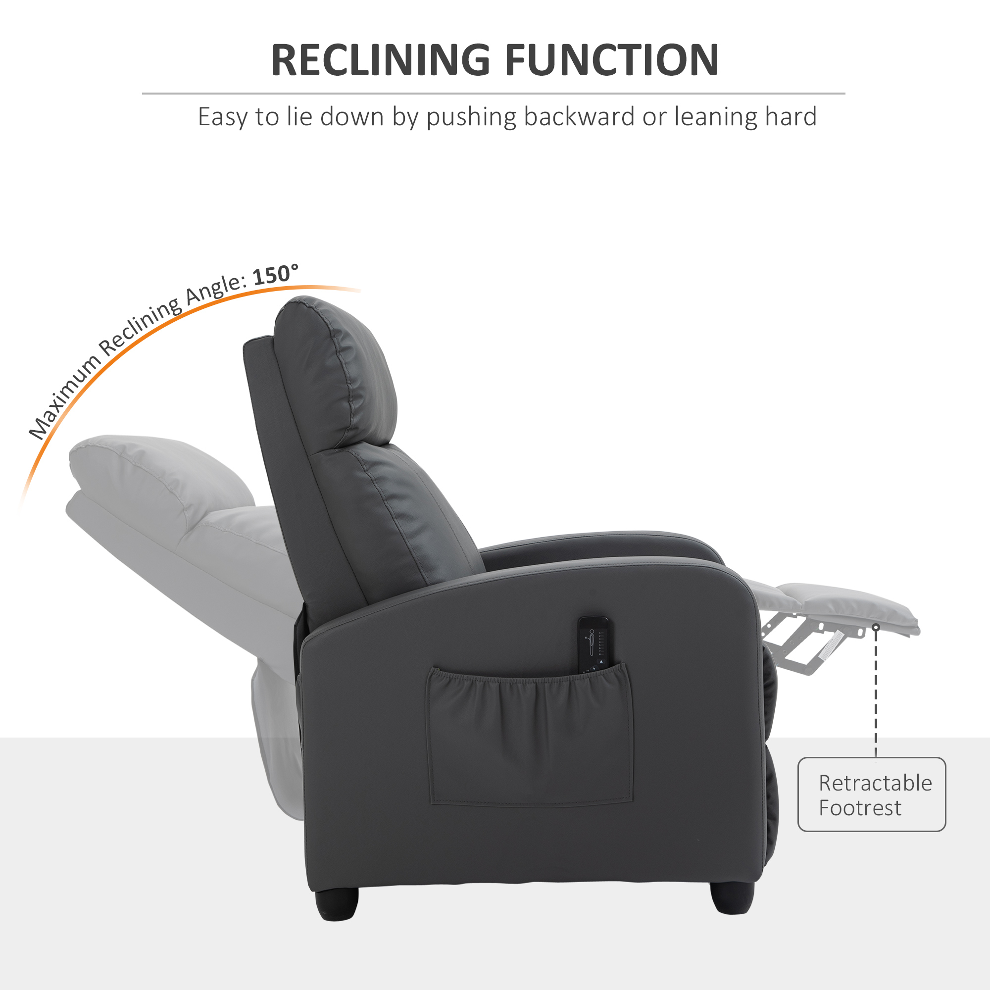 HOMCOM Reclining Massage Chair, Faux Leather with Footrest, Remote Control, for Lounge, Bedroom, Cinema, Grey