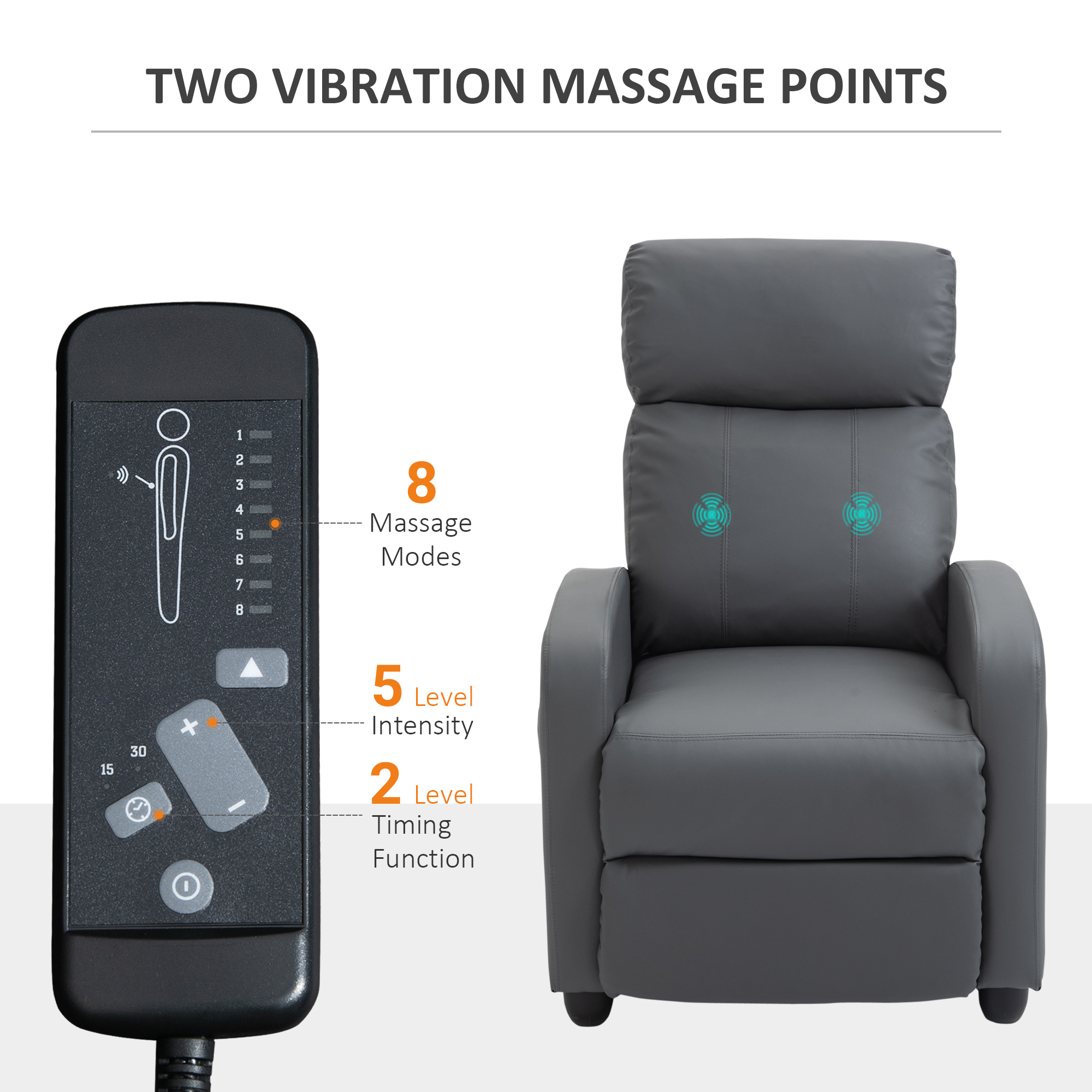 HOMCOM Reclining Massage Chair, Faux Leather with Footrest, Remote Control, for Lounge, Bedroom, Cinema, Grey