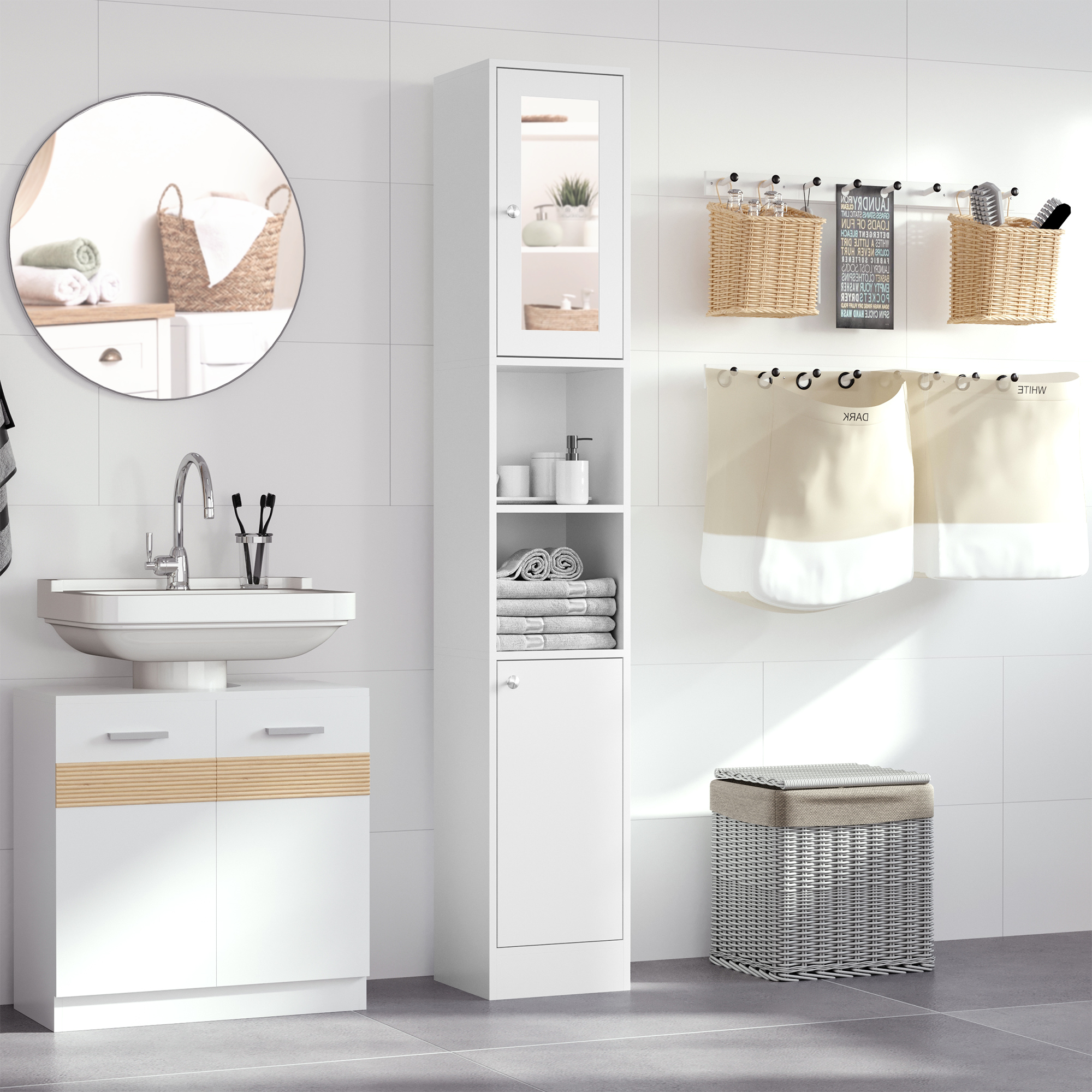 HOMCOM Freestanding Tall Bathroom Cabinet with Mirror Door, Adjustable Shelf Floor Storage Tallboy Unit, White