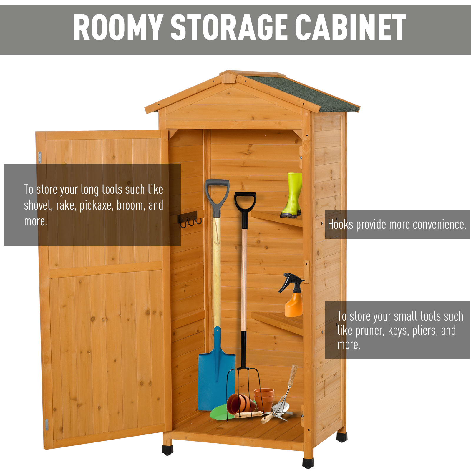 Outsunny Wooden Garden Cabinet 3-Tier Storage Shed 2 Shelves Lockable Organizer with Hooks Foot Pad 74 x 55 x 155cm Dark Yellow