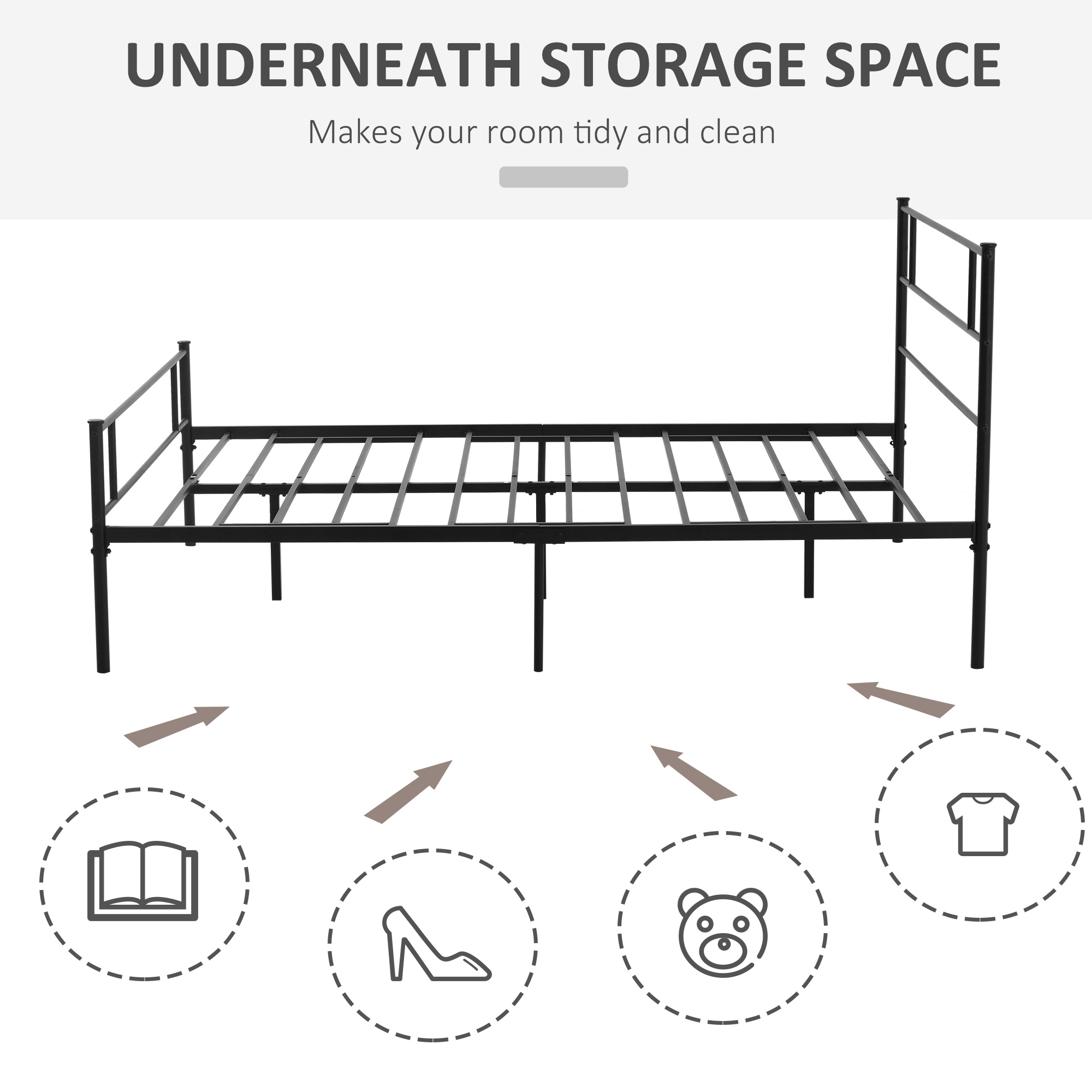 HOMCOM King Size Metal Bed Frame, Solid Bedstead with Headboard, Footboard, Metal Slat Support, Underbed Storage, Bedroom Furniture