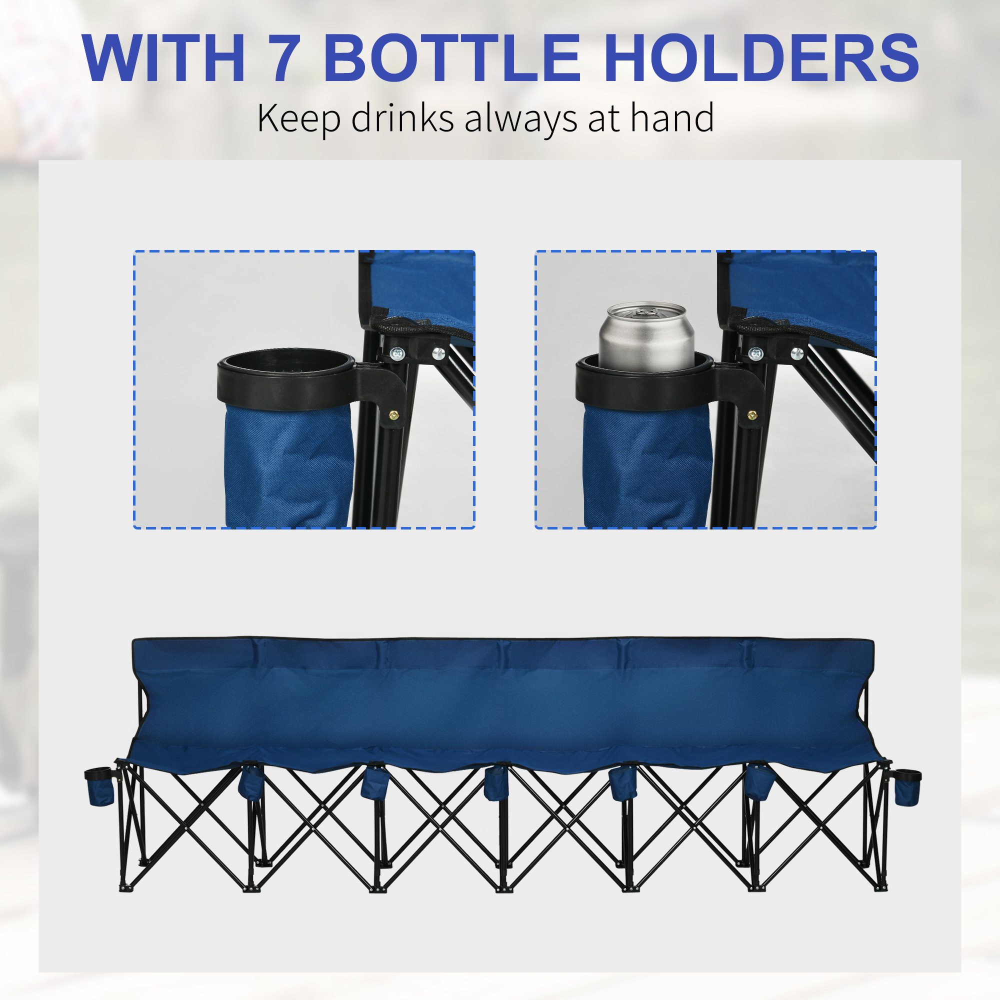 Outsunny 6 Seater Folding Sports Bench Outdoor Picnic Camping Portable Spectator Chair Steel Frame w/ Cup Holder & Carry Bag - Blue