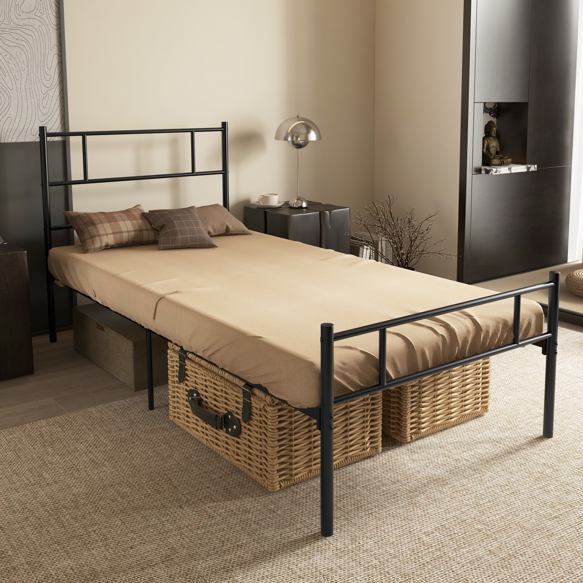 HOMCOM Single Metal Bed Frame with Headboard and Footboard, Solid Bedstead, Metal Slat Support, Underbed Storage, Bedroom Furniture