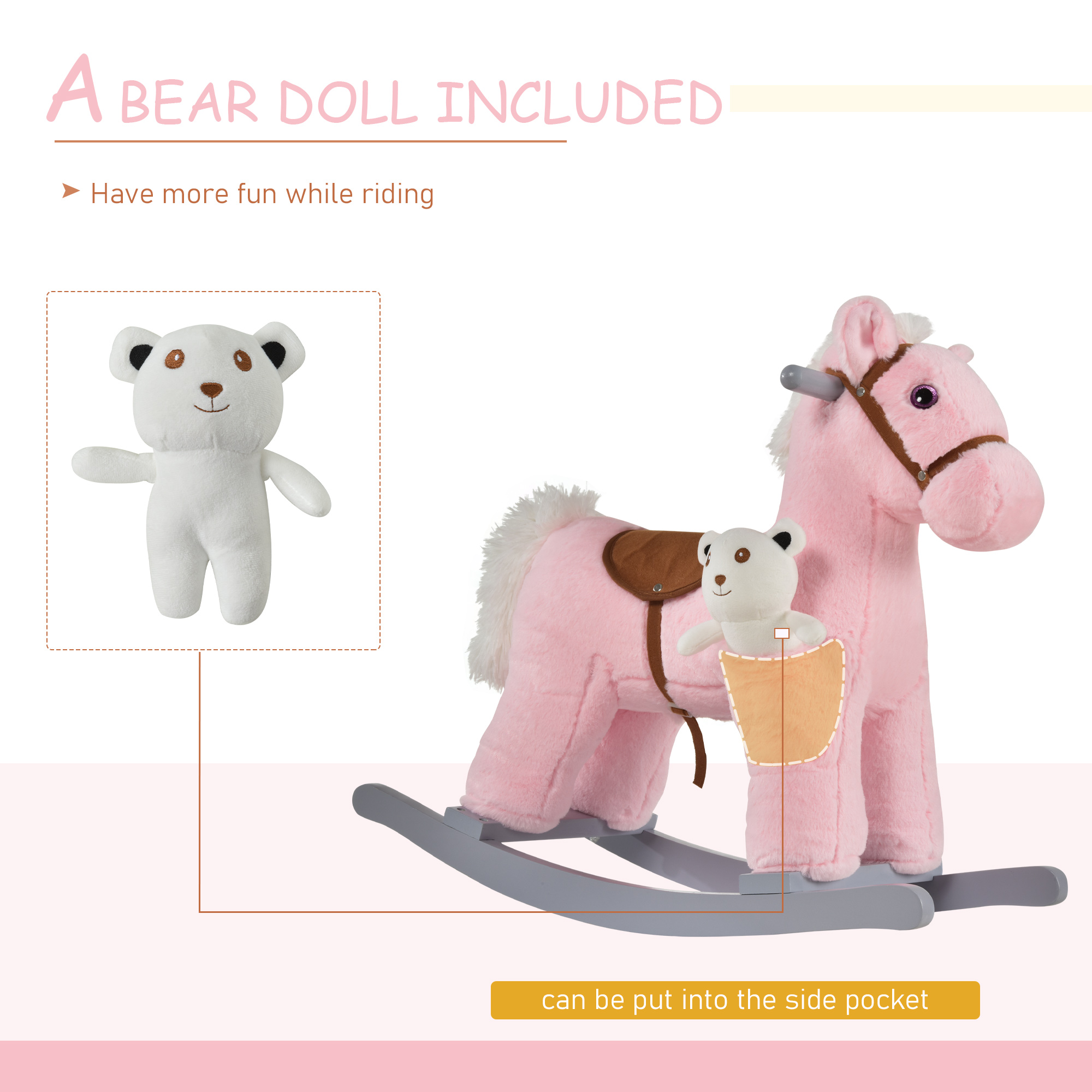HOMCOM Plush Children's Rocking Horse Toy with Realistic Sounds, Soft Ride-On for Toddlers 18-36 Months, Pink