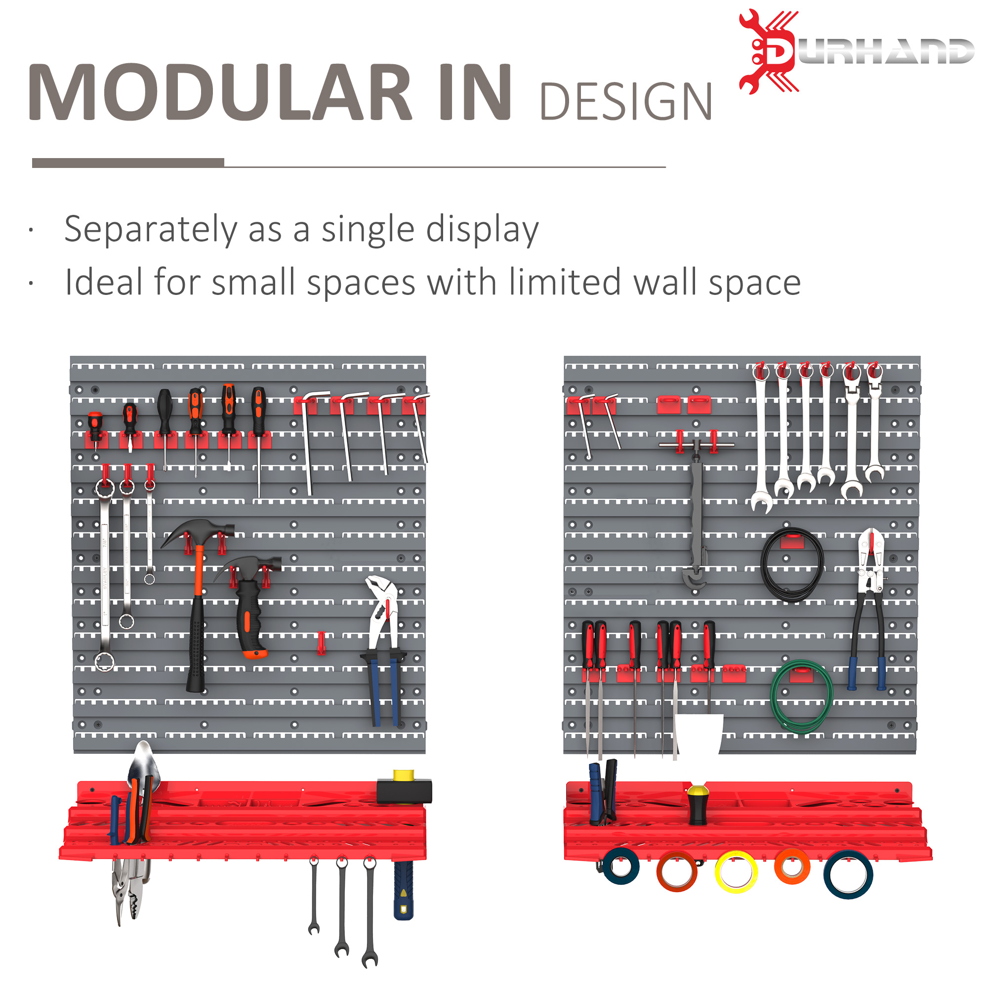 DURHAND Wall Mounted Tool Storage Board, 54 Piece Set with Pegboard, 50 Pegs, 2 Shelves, Organiser for Workshop, Garage
