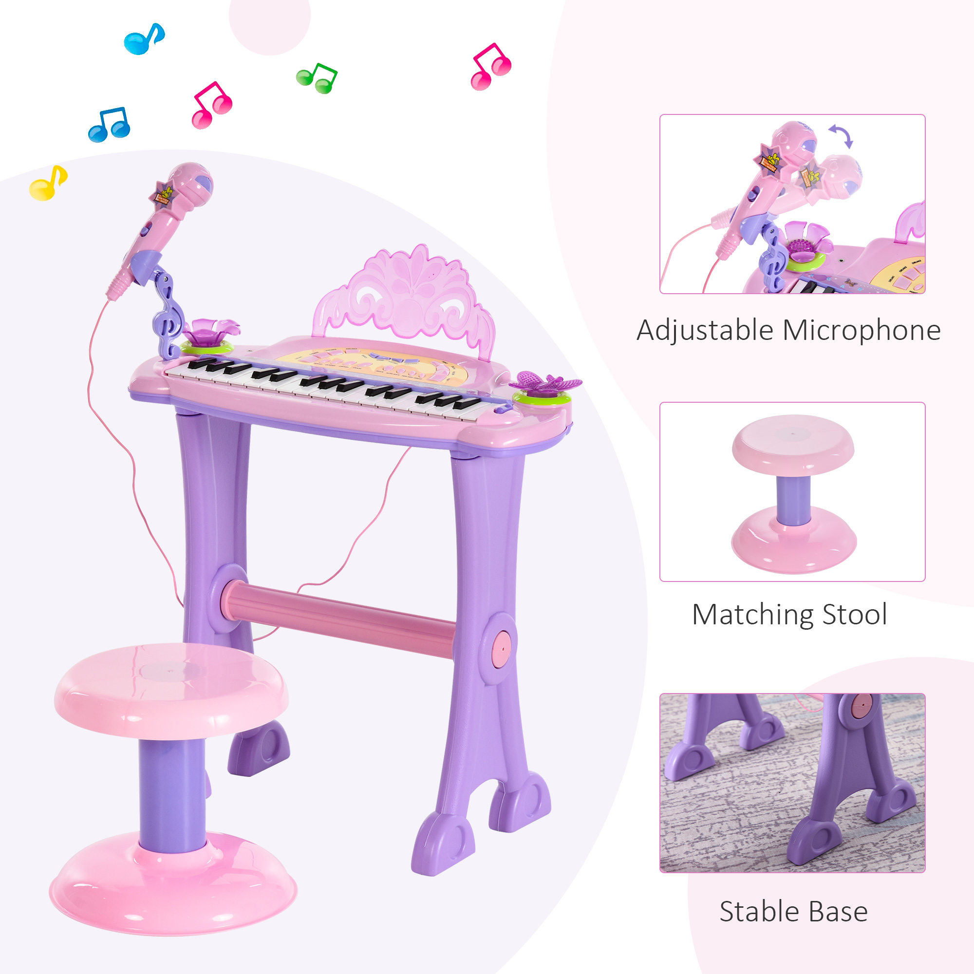HOMCOM Electronic Organ for Kids, Mini Piano with Microphone and Stool, Interactive Music Play, Purple/Pink
