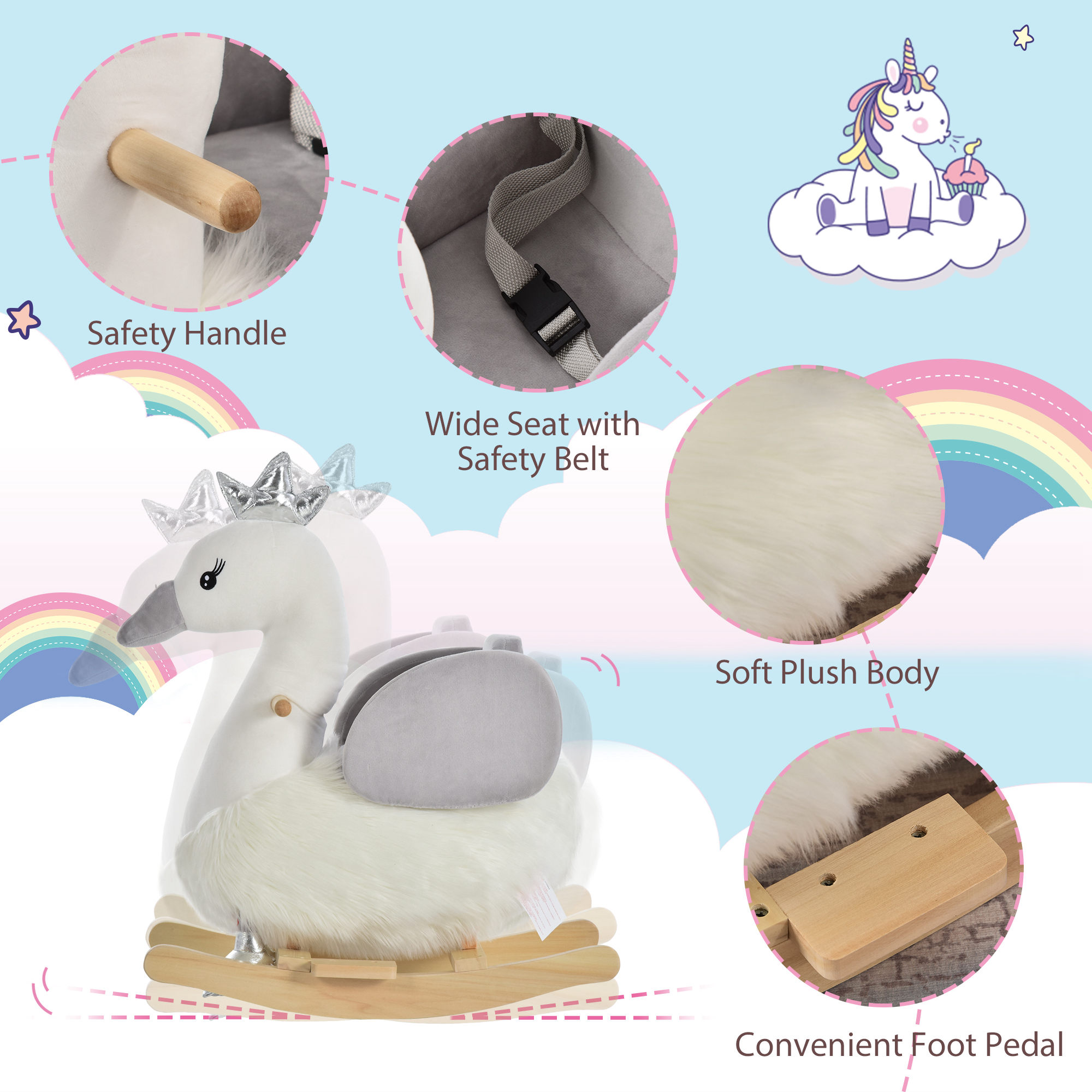 HOMCOM Kids Plush Ride-On Rocking Animal Horse Swan-shaped Toy Rocker with Realistic Sounds for Toddler 18-36 Months