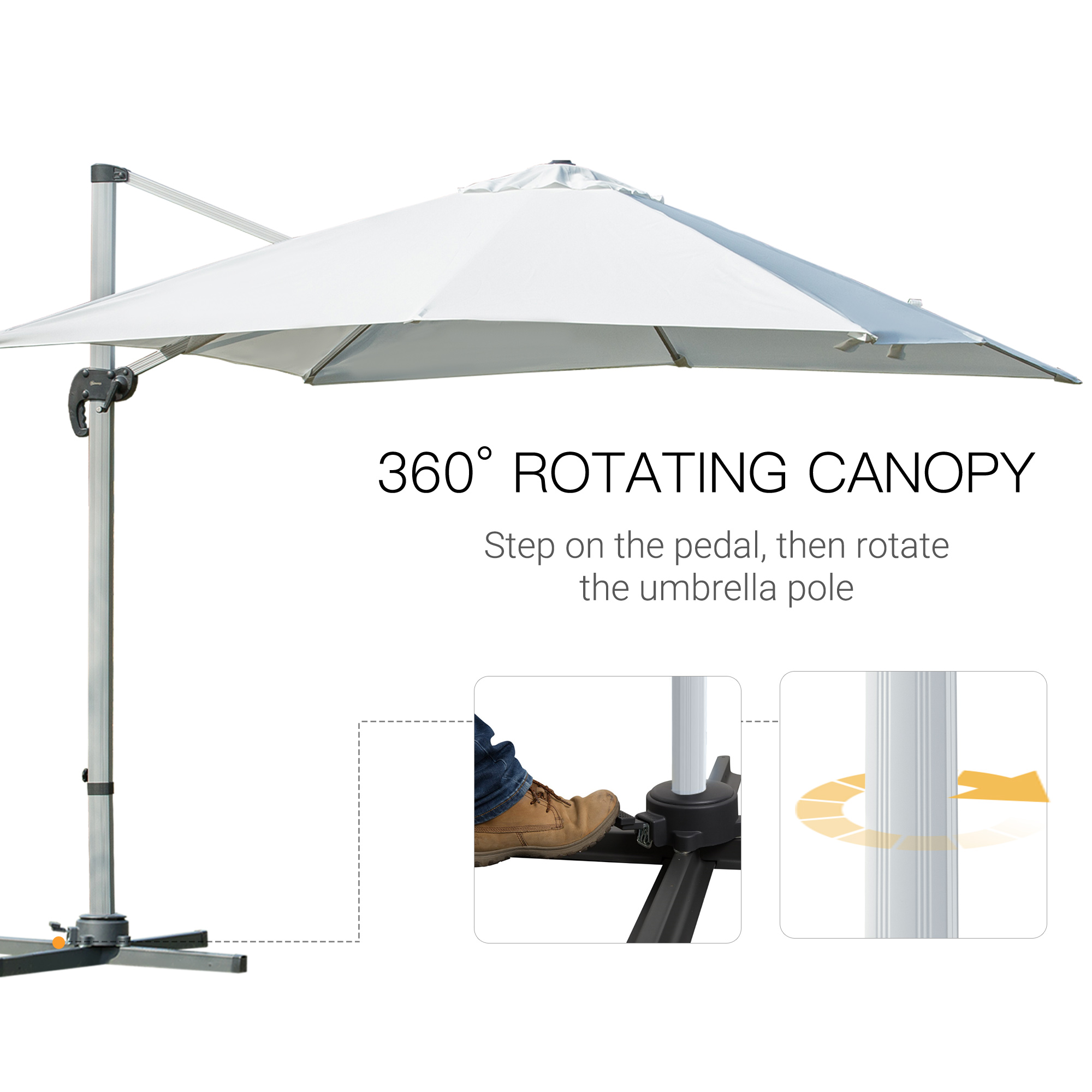 Outsunny 3m Cantilever Roma Parasol Aluminium Frame 360 Rotation Hanging Parasol with/ Cross Base White