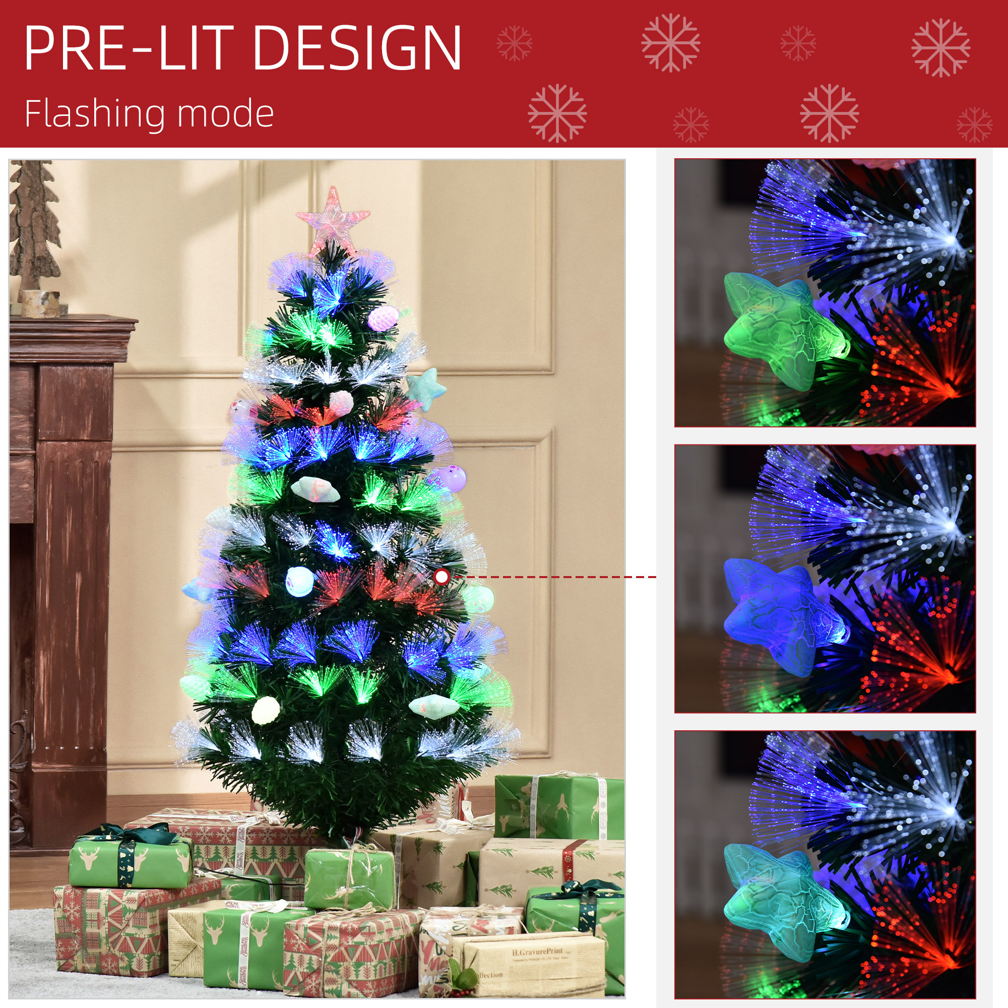 HOMCOM 4FT Pre-Lit Artificial Christmas Tree w/ Fibre Optic Baubles Fitted Star LED Light Holiday Home Xmas Decoration-Green