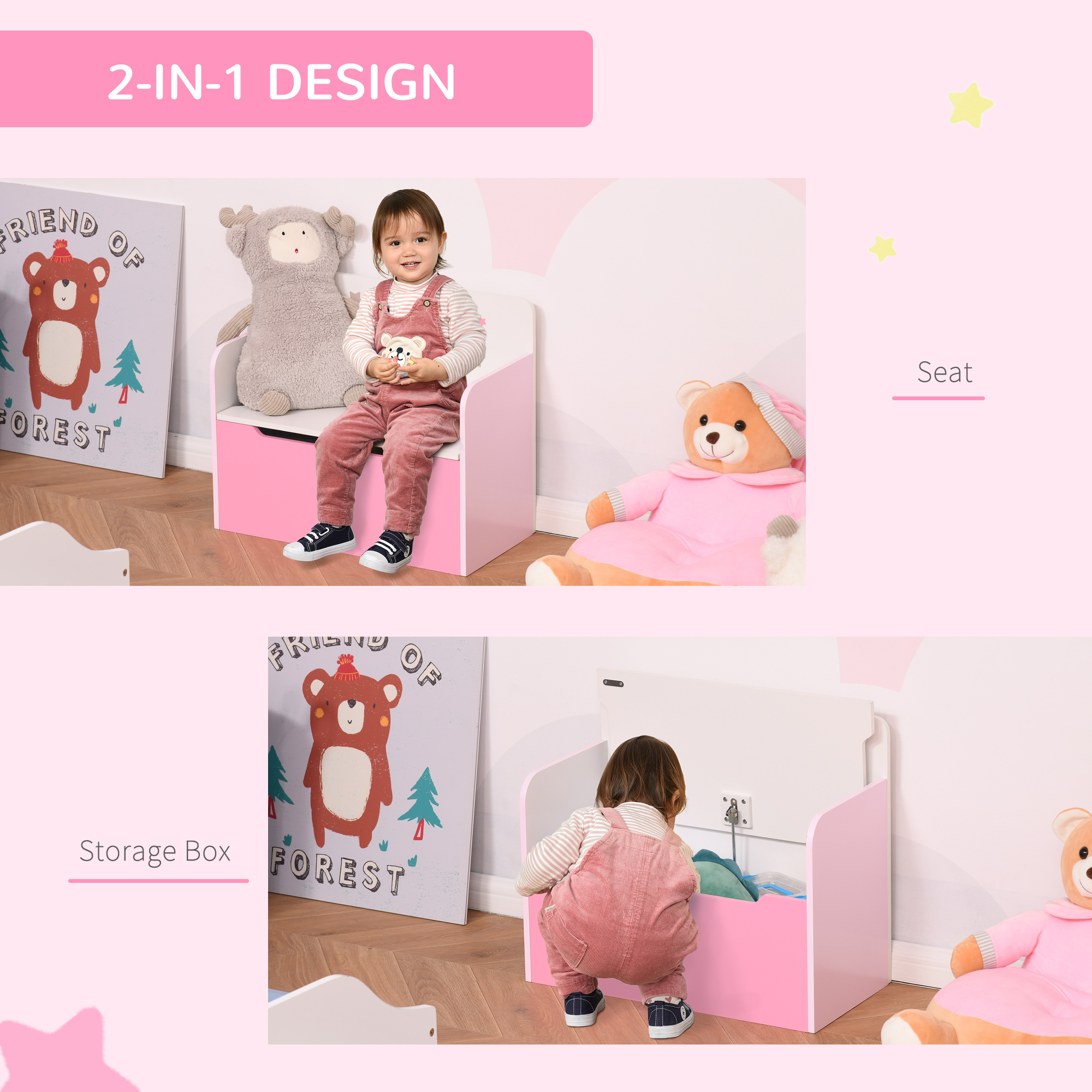 HOMCOM Kids Wooden Toy Storage Chest Chair 2 in 1 Design with Gas Stay Bar Safety Hinges Lid 60 x 30 x 50cm Pink
